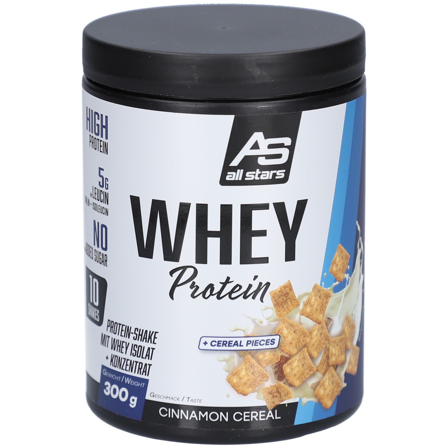 Whey Protein-Behälter. Schwarzer Deckel, weißes Etikett mit Text: High Protein, 5g Leucin, kein Zuckerzusatz, 10 Shakes, 300g, Zimt-Cereal.