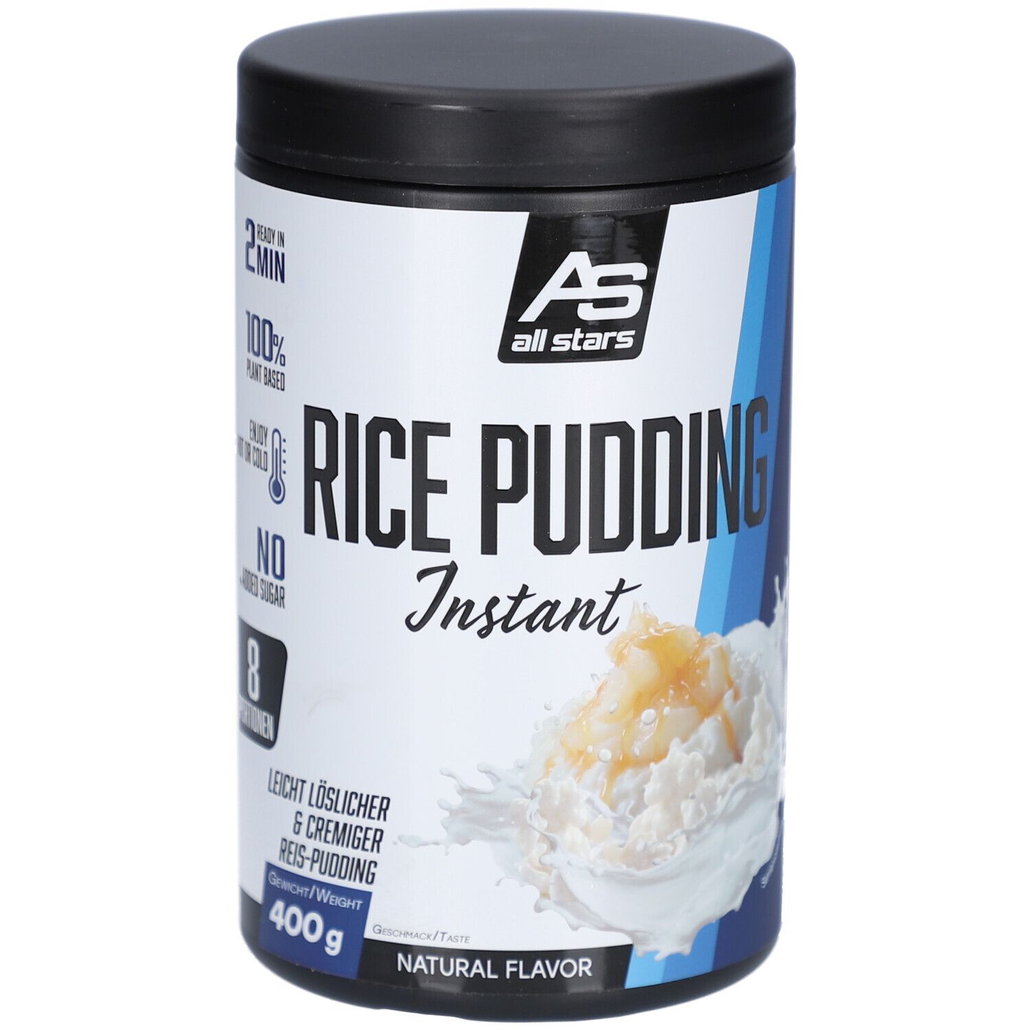 Zylinderförmige Dose mit schwarzem Deckel. Aufschrift: Rice Pudding Instant, 400g, 8 Portionen. Abbildung von Reisbrei.