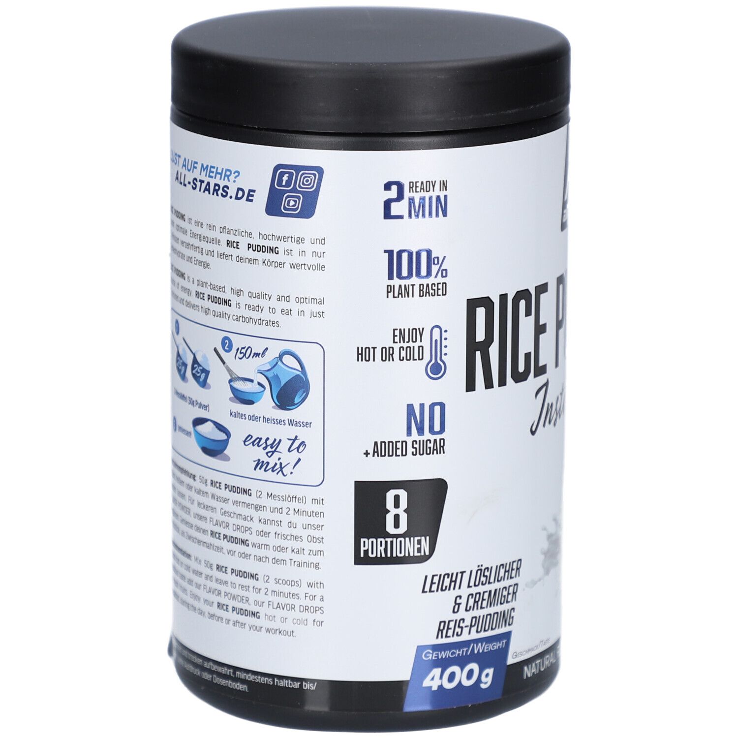 Rückseite der Dose. Text: Zubereitung, Nährwertangaben, Zutaten. Logo: All Stars. Schwarzer Deckel.