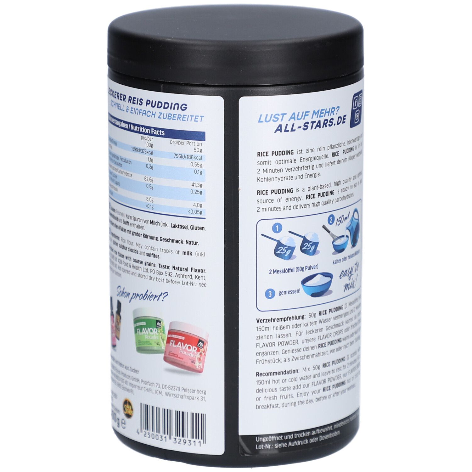 Rückseite der Dose. Text: Nährwertangaben, Zutaten, Zubereitung. Logo: All Stars. Schwarzer Deckel.
