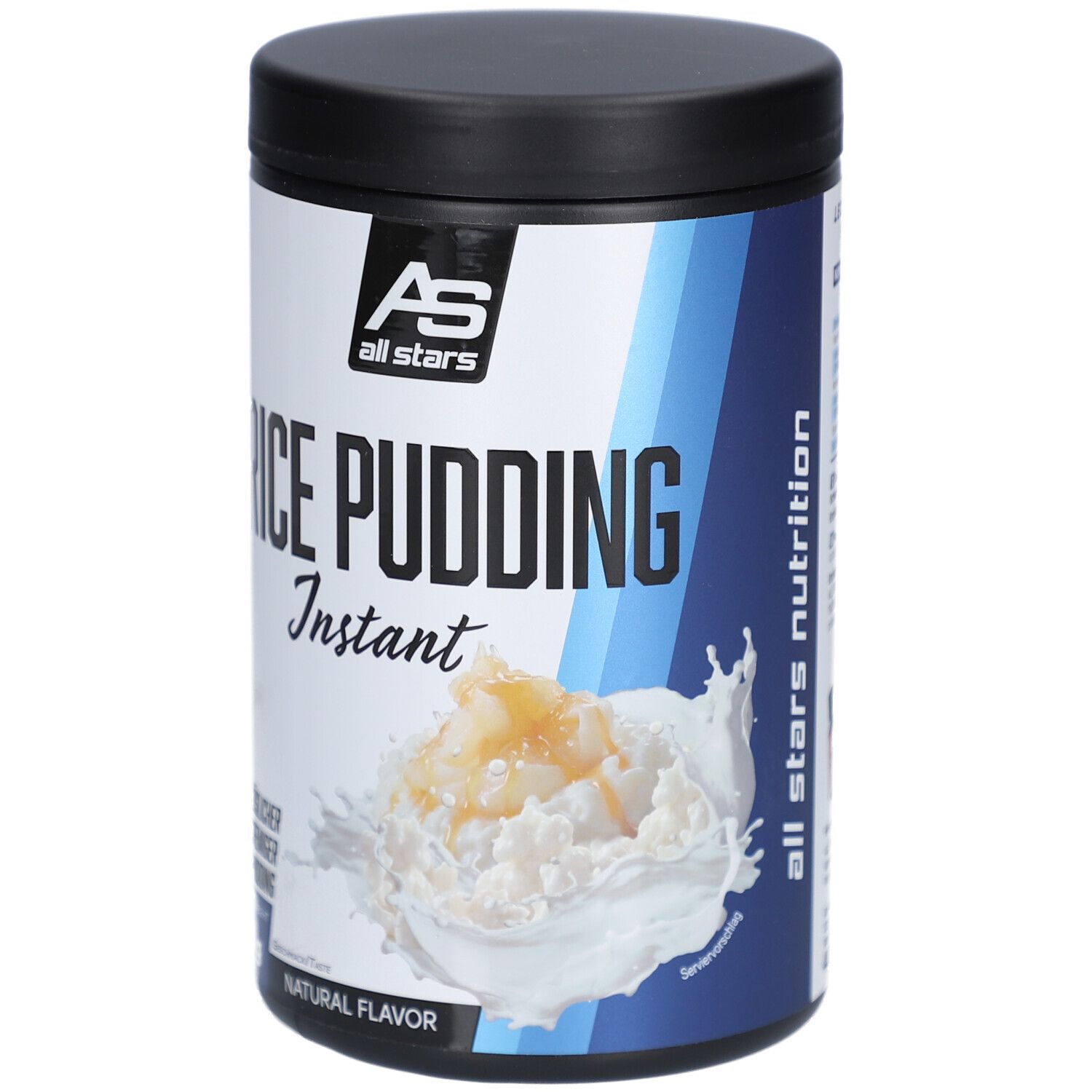 Zylinderförmige Dose mit schwarzem Deckel. Aufschrift: Rice Pudding Instant. Abbildung von Reisbrei.
