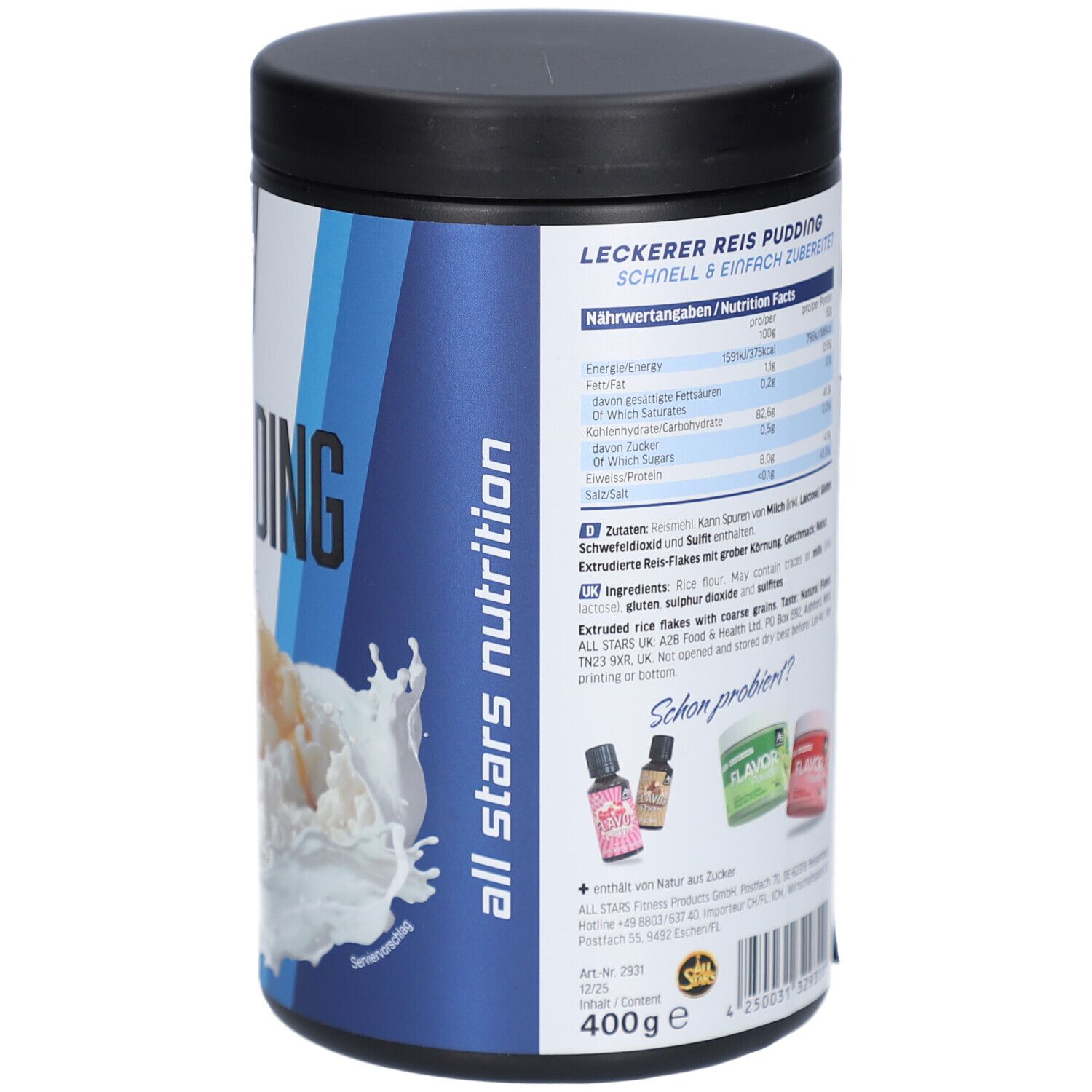 Rückseite der Dose. Text: Nährwertangaben, Zutaten, Zubereitung. Logo: All Stars. Schwarzer Deckel.