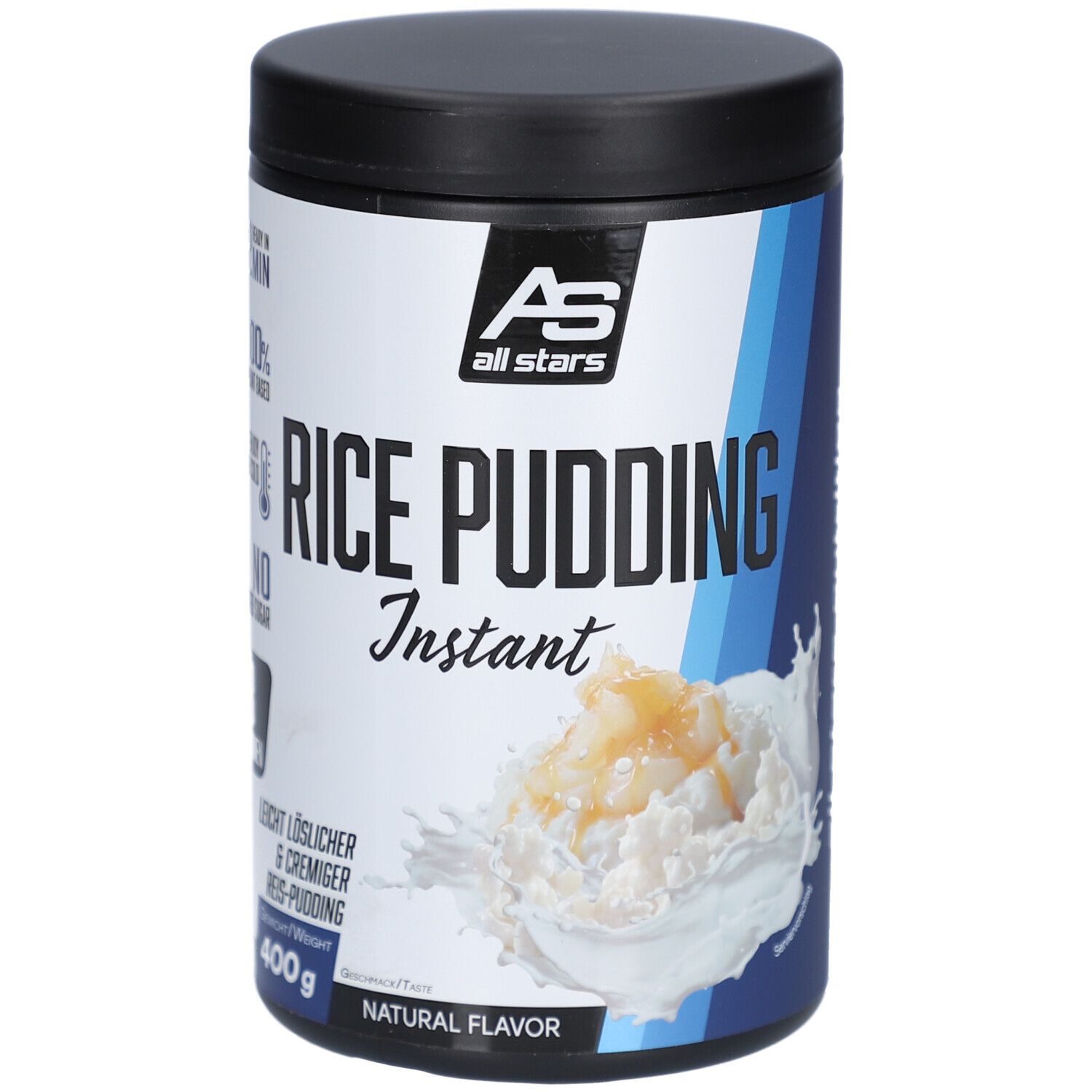 Zylinderförmige Dose mit schwarzem Deckel. Aufschrift: Rice Pudding Instant, 400g, 8 Portionen. Abbildung von Reisbrei.