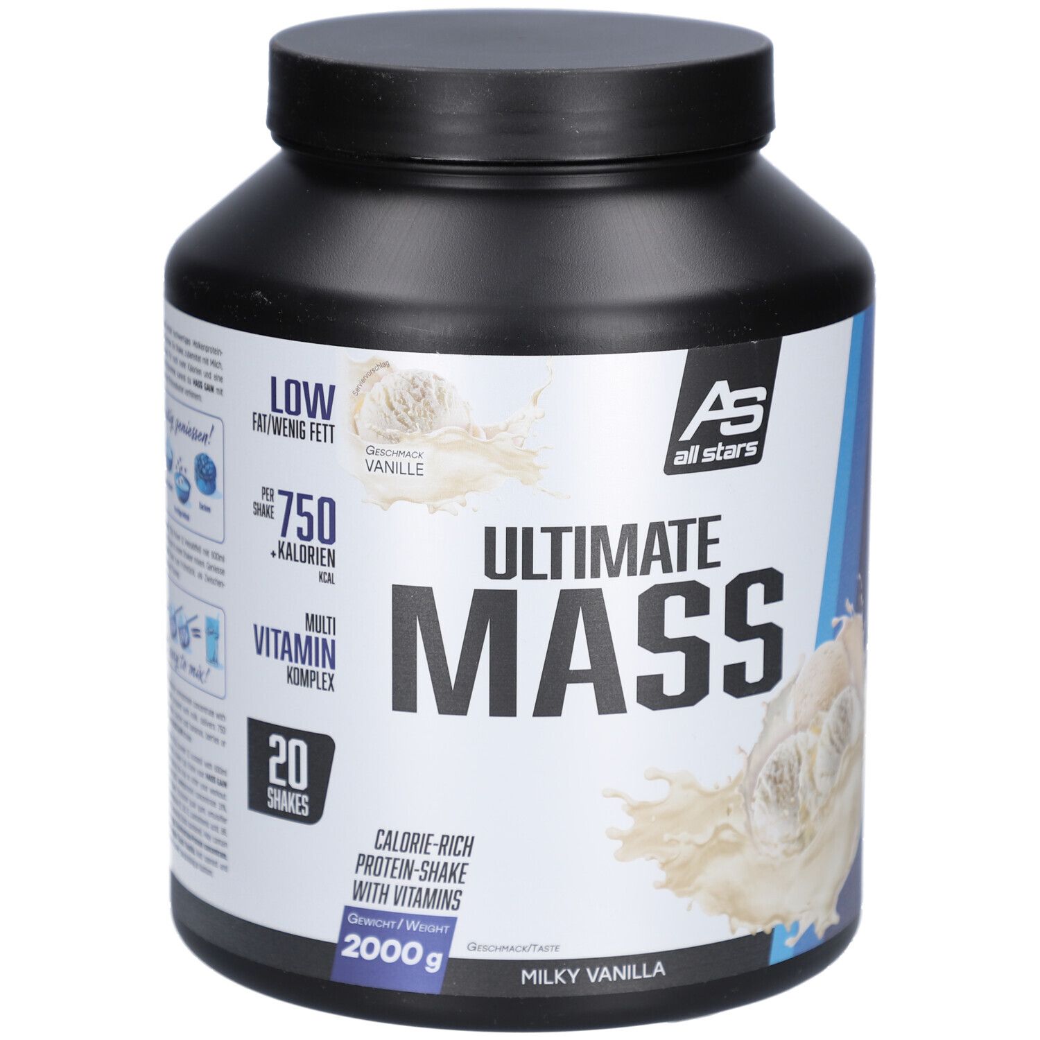 Schwarze Dose mit "Ultimate MASS" und "all stars" Logo. Enthält 2000g. Geschmack: Milky Vanilla. Enthält Vitamine.
