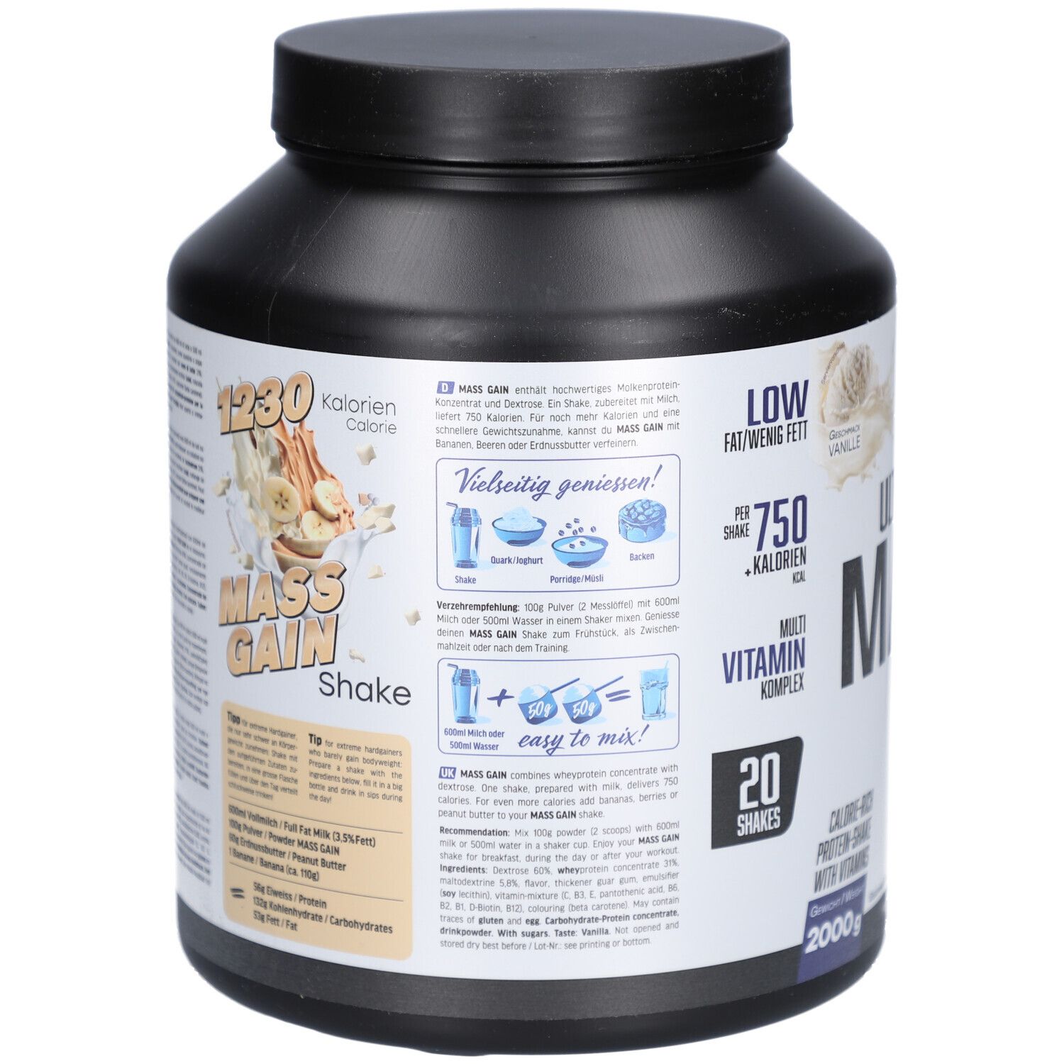 Rückseite der schwarzen Dose mit Informationen. Enthält "MASS GAIN Shake". 1230 Kalorien. 20 Portionen. Mit Vitaminen.
