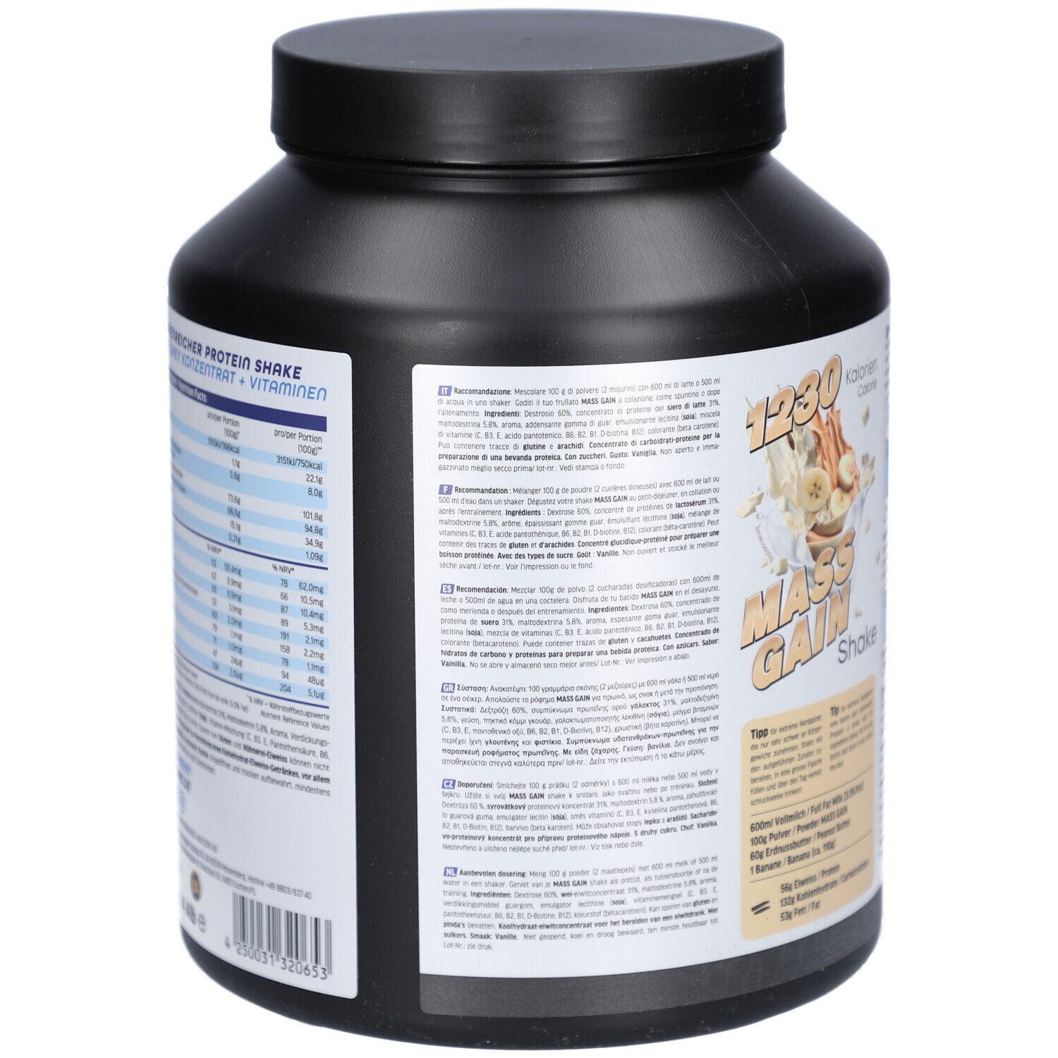 Rückseite der schwarzen Dose mit Nährwertangaben. Enthält "MASS GAIN Shake". Mit Vitaminen. 2000g.
