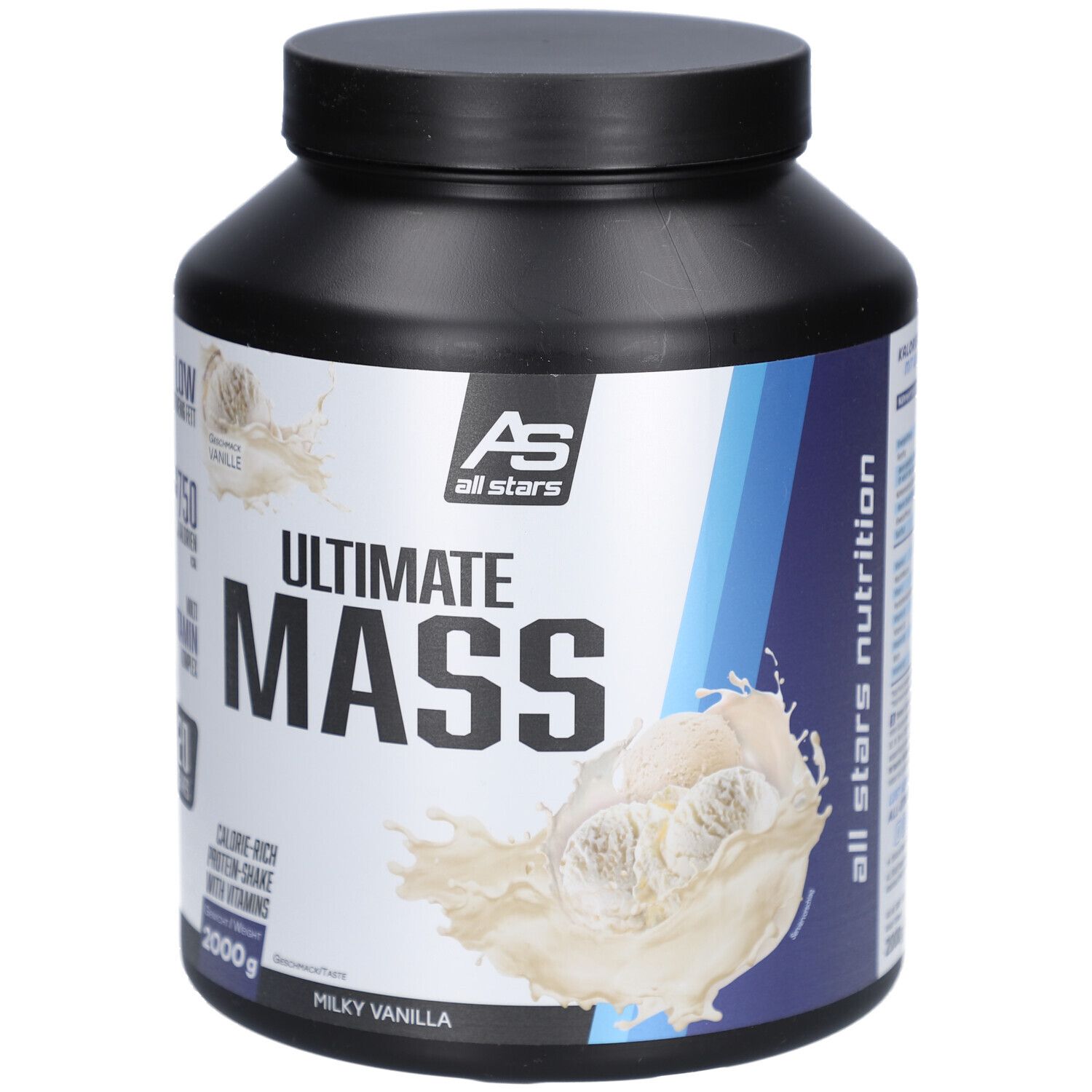 Schwarze Dose mit "Ultimate MASS" und "all stars" Logo. Enthält 2000g. Geschmack: Milky Vanilla. Mit Vitaminen.