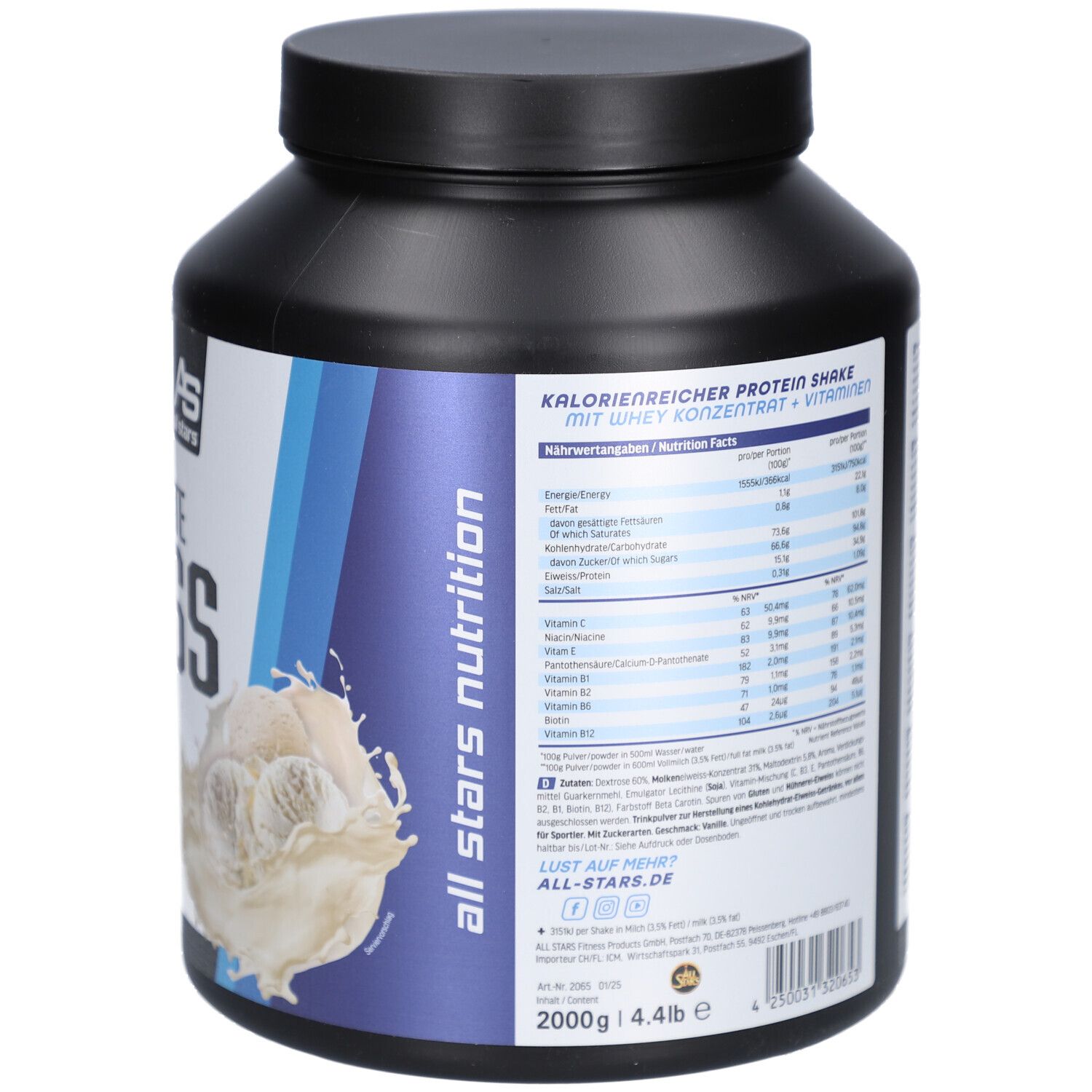 Rückseite der schwarzen Dose mit Nährwertangaben. Enthält "Ultimate MASS". Mit Vitaminen. 2000g.