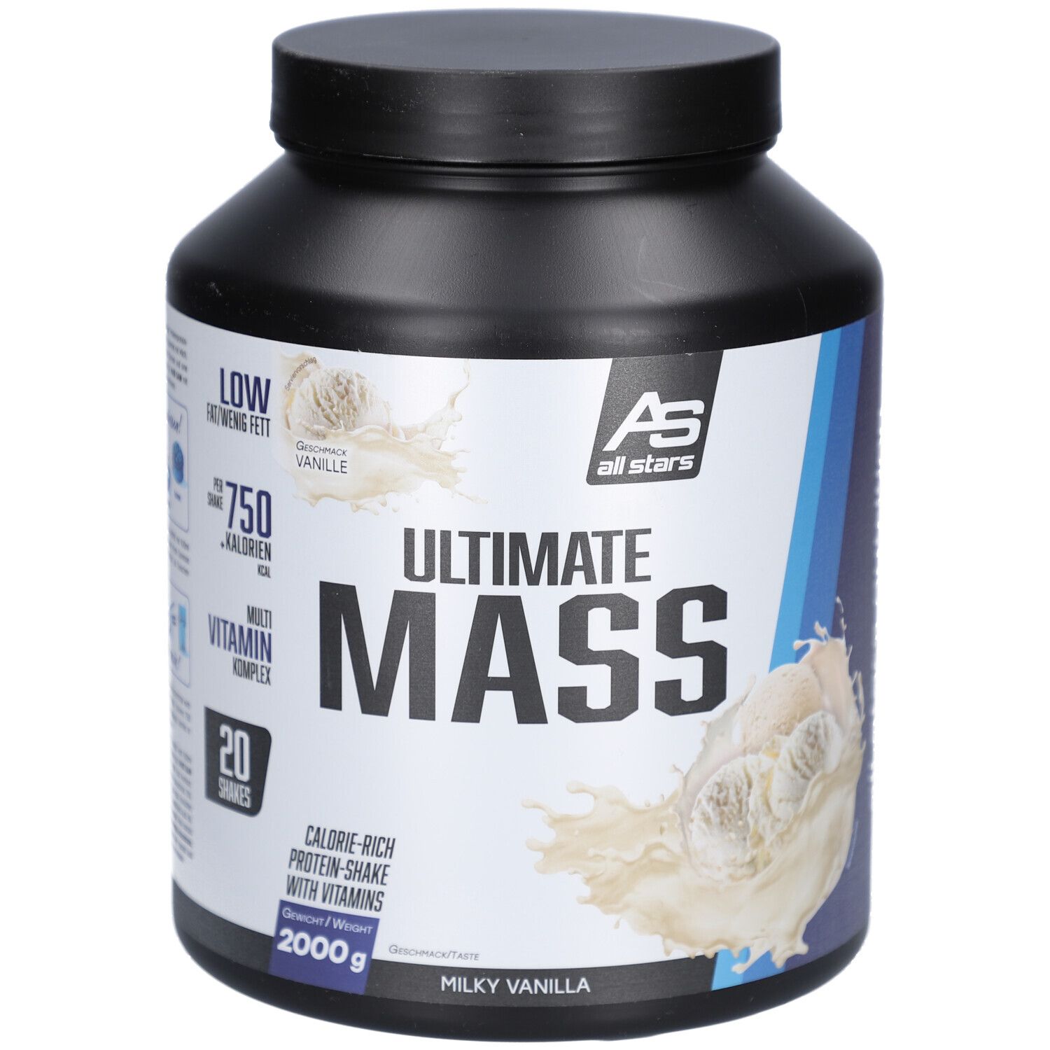 Schwarze Dose mit "Ultimate MASS" und "all stars" Logo. Enthält 2000g. Geschmack: Milky Vanilla. Enthält Vitamine.