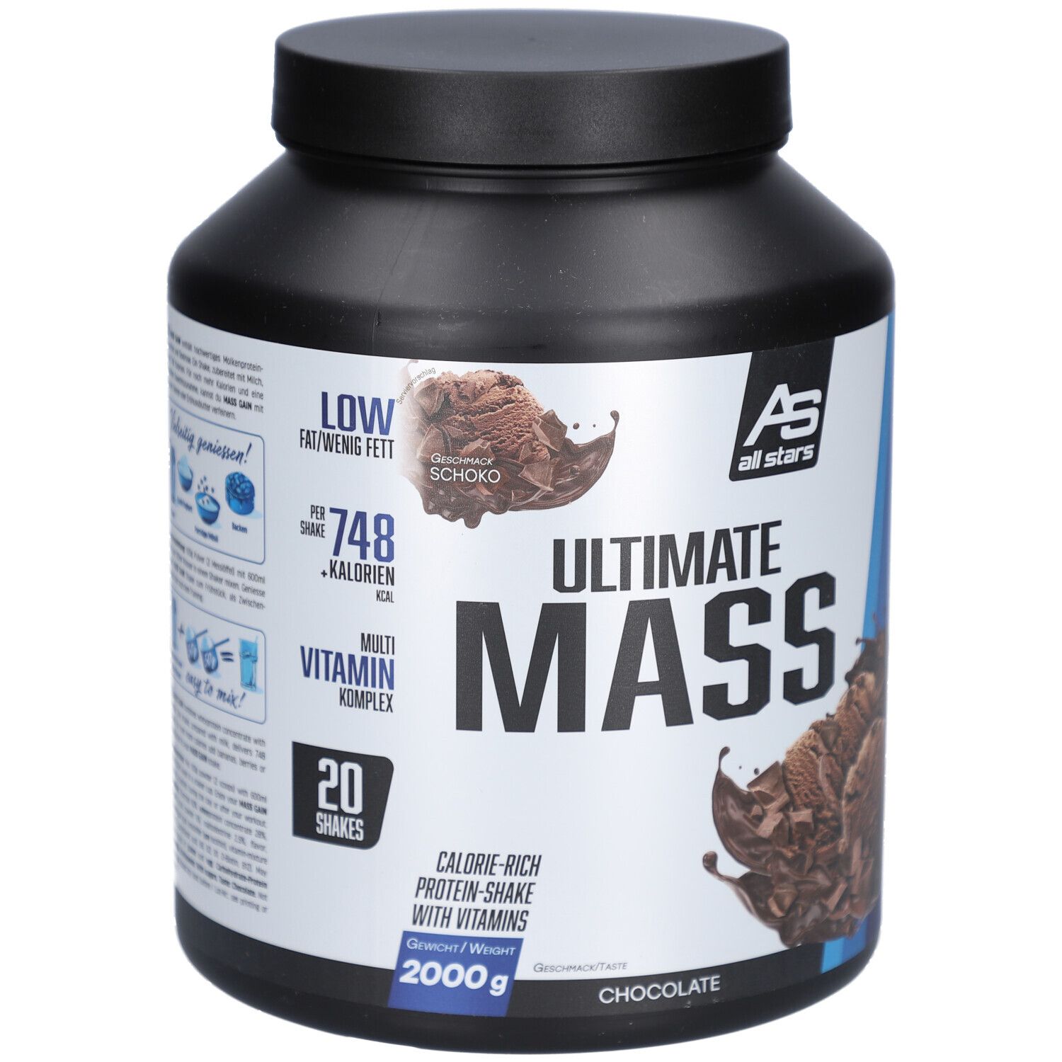 Schwarze Dose mit "Ultimate MASS" und "Chocolate" Aufdruck. Enthält 20 Portionen. "All Stars" Logo.