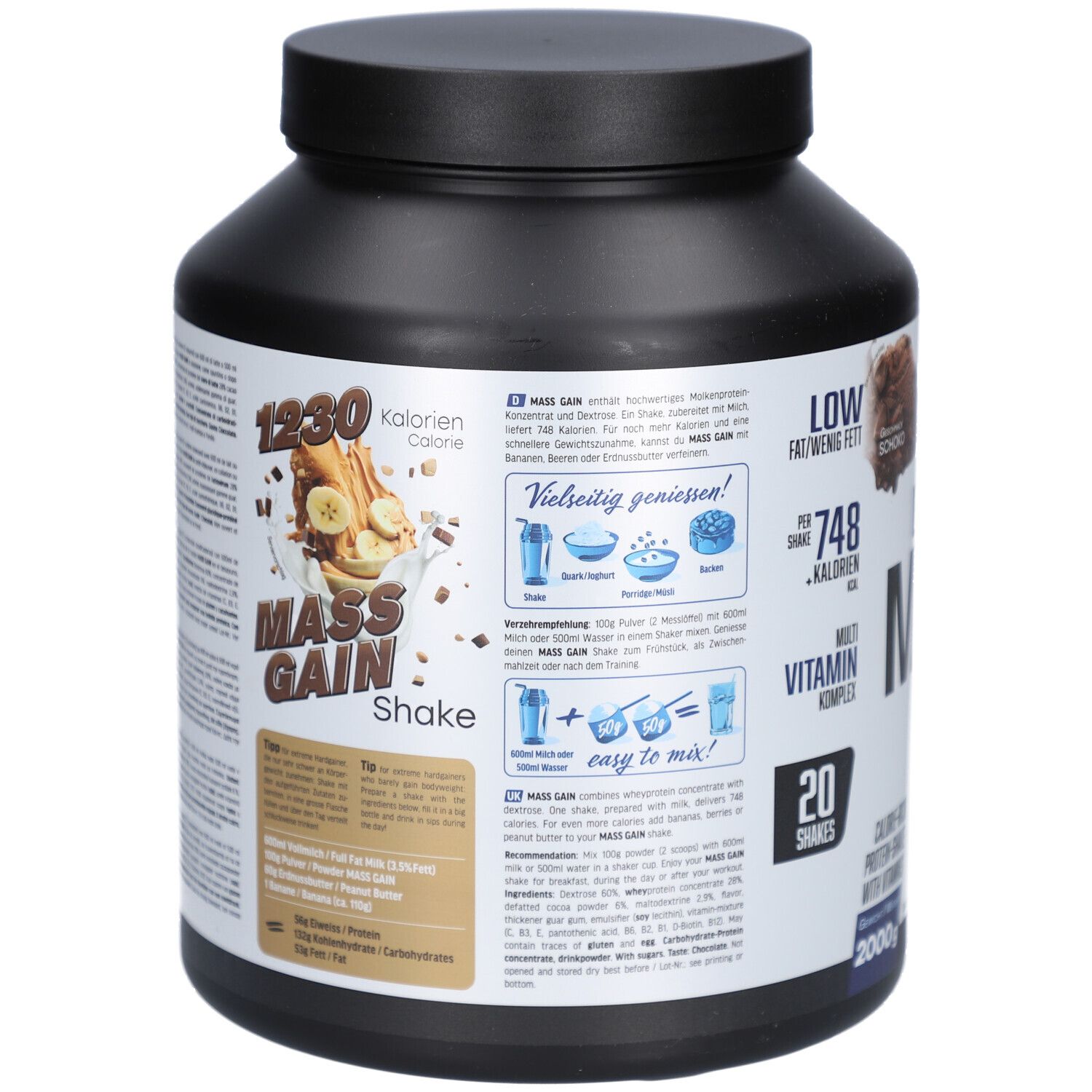 Rückseite der schwarzen Dose mit Informationen. "MASS GAIN Shake" und Nährwertangaben. 1230 Kalorien.