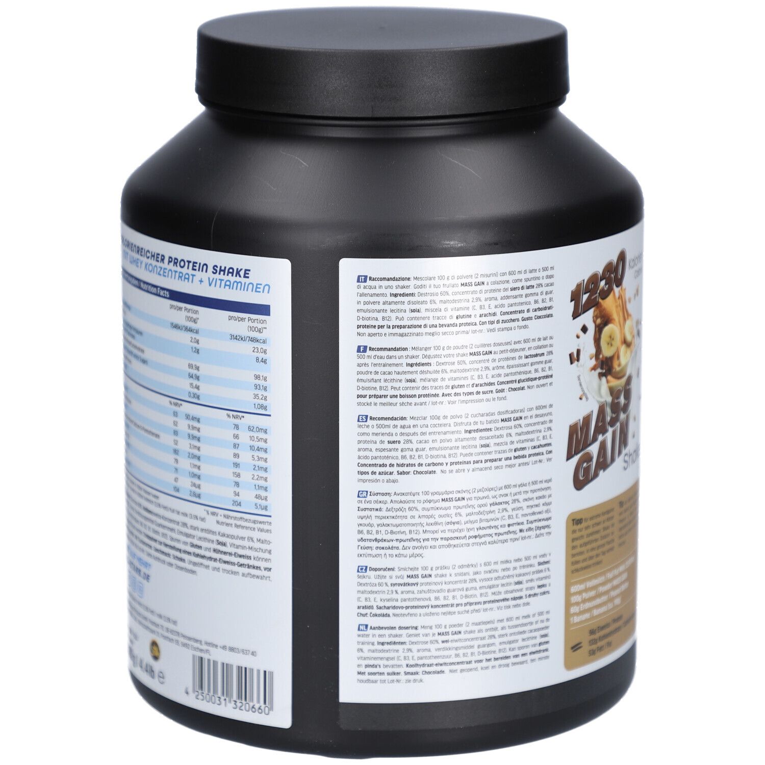 Rückseite der schwarzen Dose mit Nährwertangaben. "MASS GAIN Shake" und Inhaltsstoffe. 2000g.
