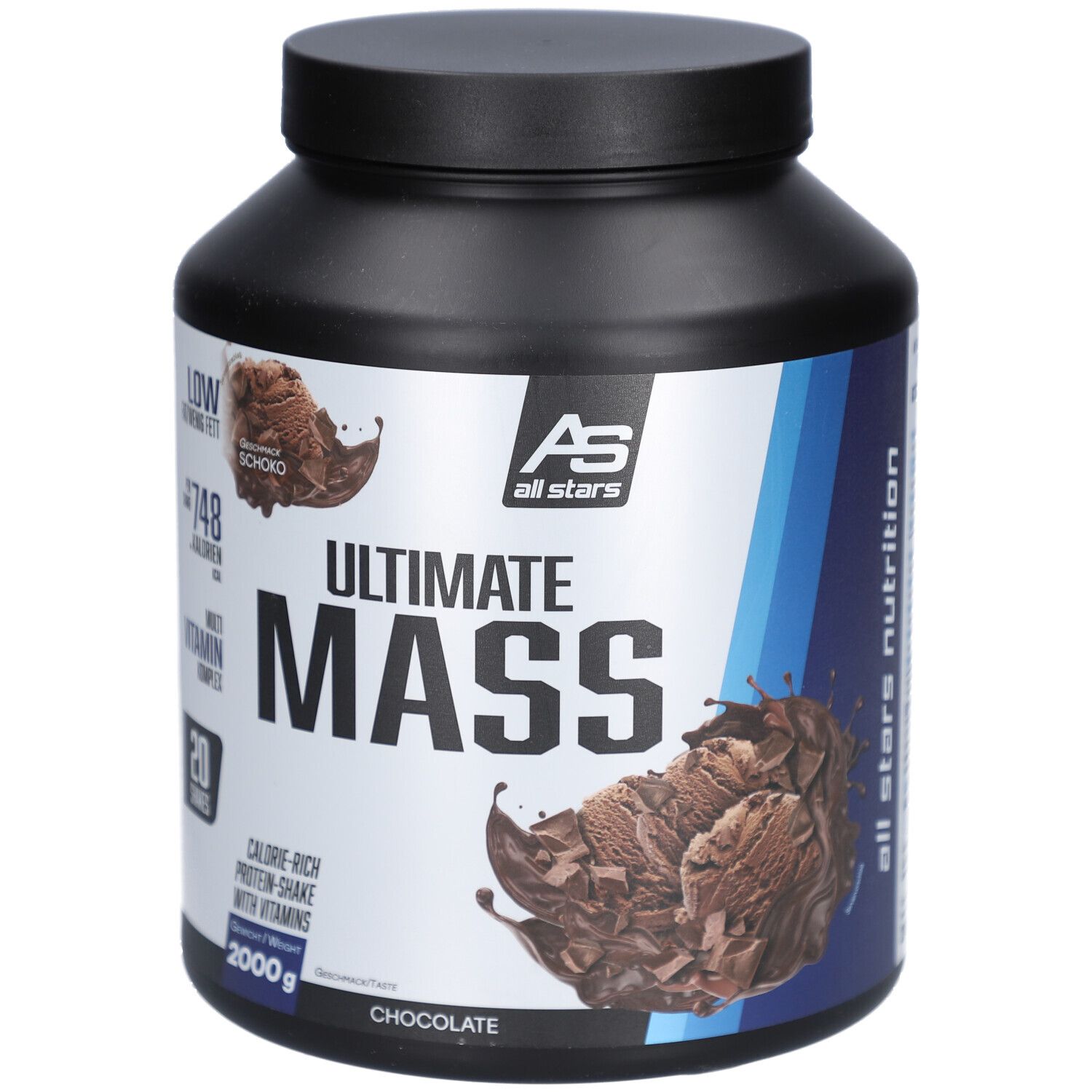 Schwarze Dose mit "Ultimate MASS" und "Chocolate" Aufdruck. Enthält 20 Portionen. "All Stars" Logo.