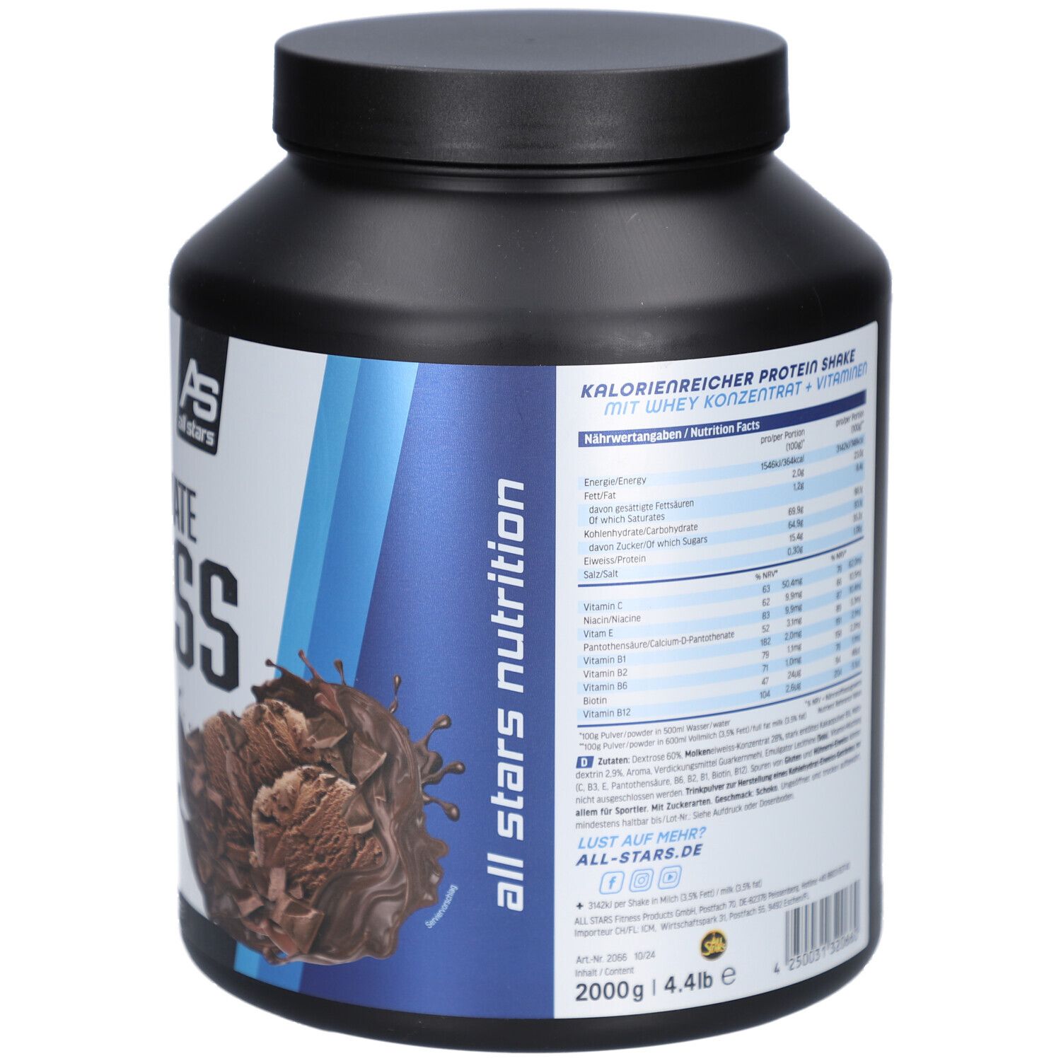 Rückseite der schwarzen Dose mit Nährwertangaben. "Chocolate MASS" und "all stars nutrition". 4.4lb.