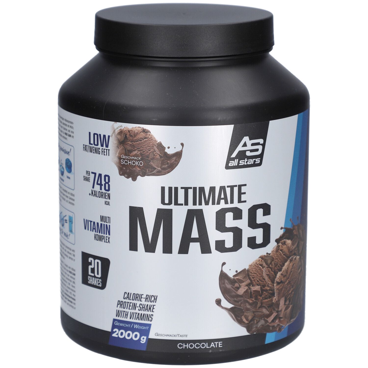 Schwarze Dose mit "Ultimate MASS" und "Chocolate" Aufdruck. Enthält 20 Portionen. "All Stars" Logo.