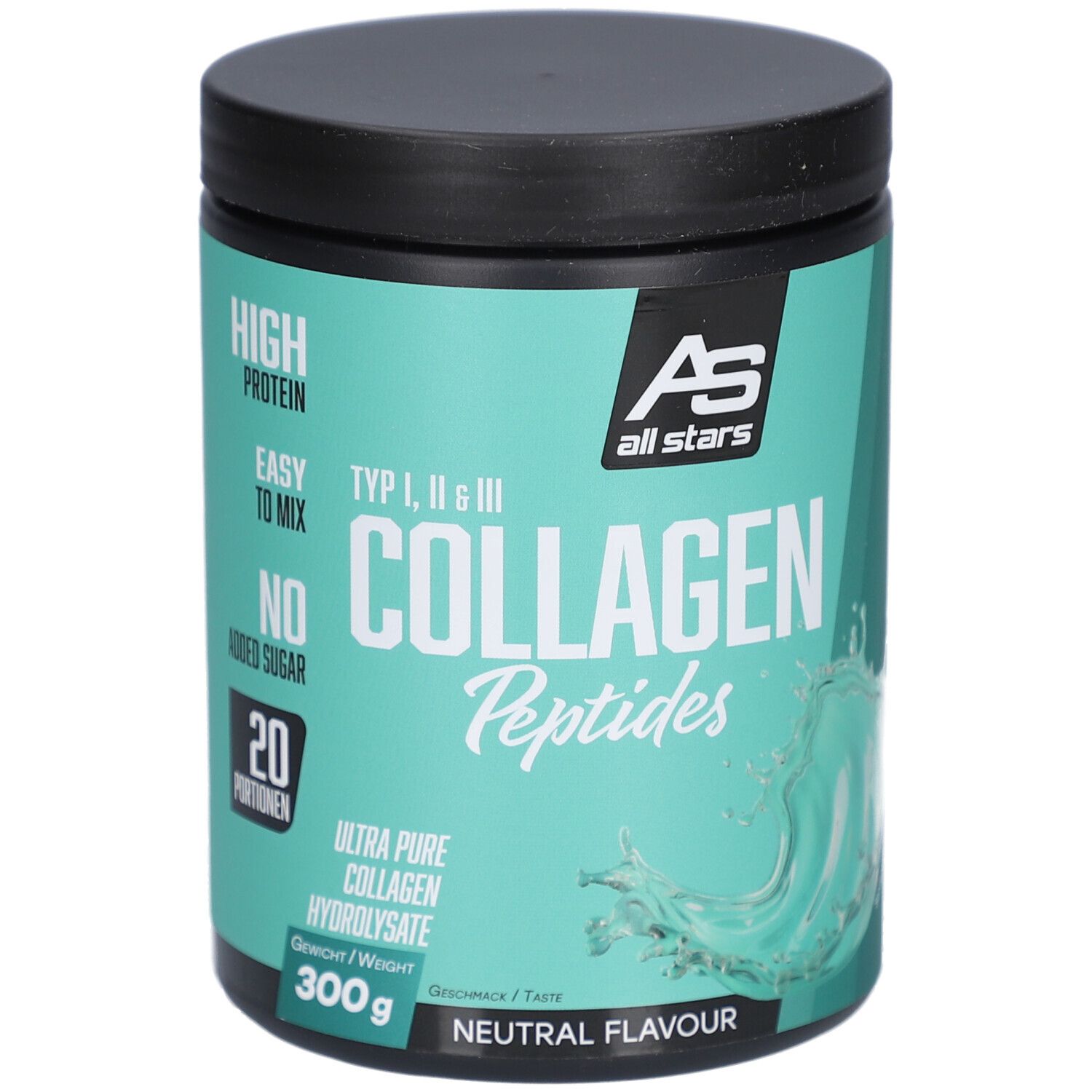 Runde Dose mit schwarzem Deckel. Aufschrift: All Stars Kollagen Peptide, Typ I, II, III. 300g, neutraler Geschmack.