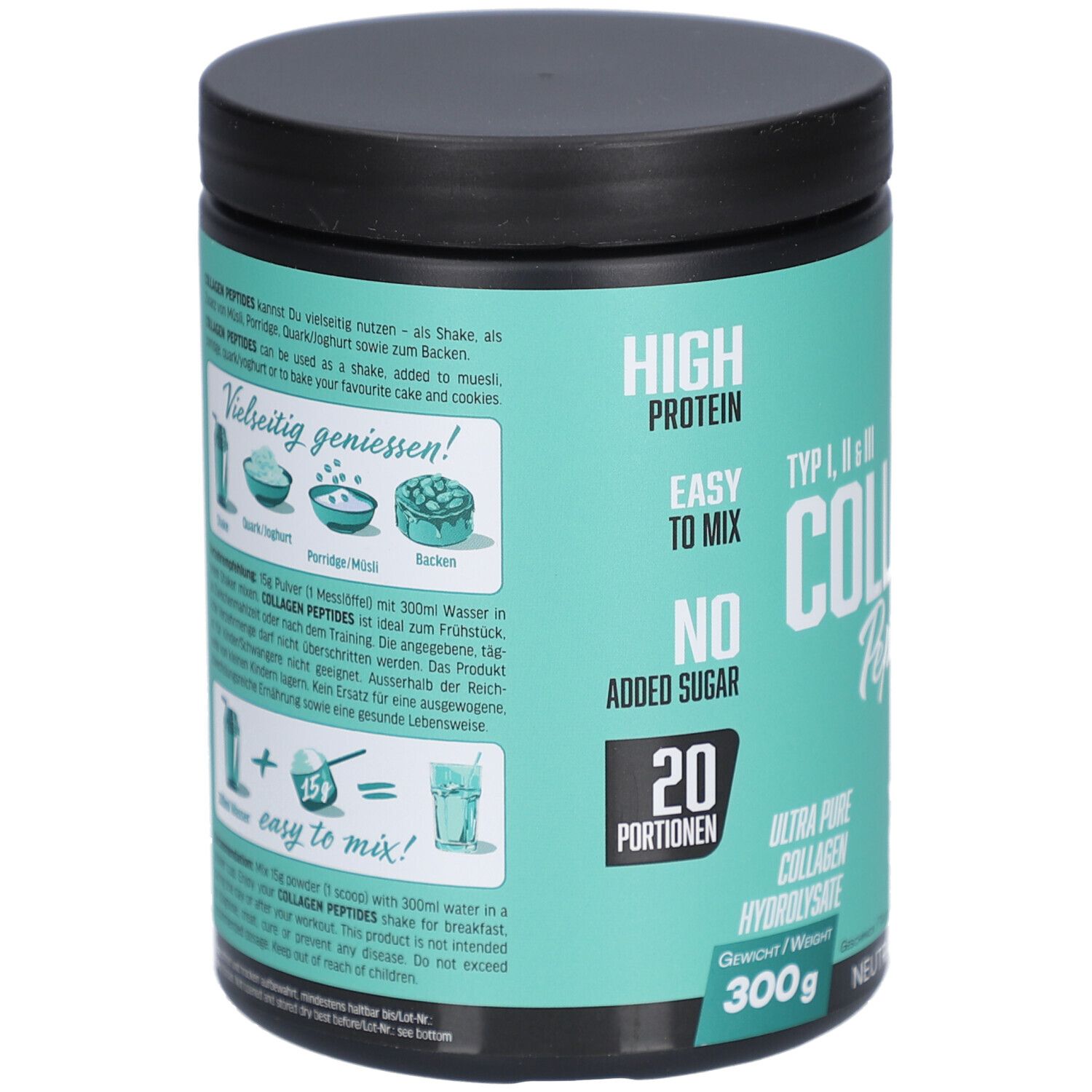 Rückseite der Dose. Text mit Informationen zu All Stars Kollagen Peptides, Typ I, II, III. 20 Portionen, 300g, neutraler Geschmack.