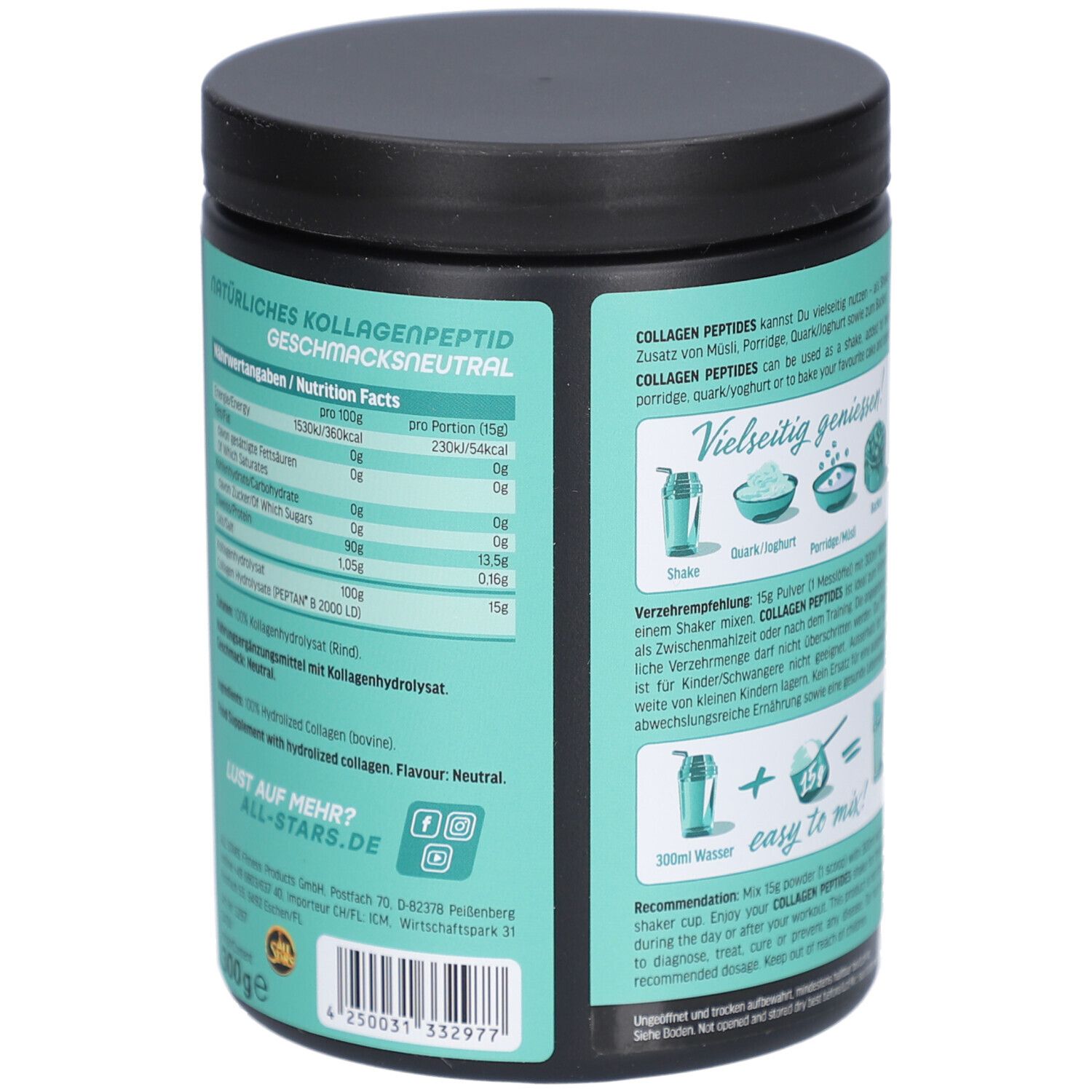 Rückseite der Dose. Nährwertangaben und Informationen zu All Stars Kollagen Peptides, Typ I, II, III. 300g, neutraler Geschmack.