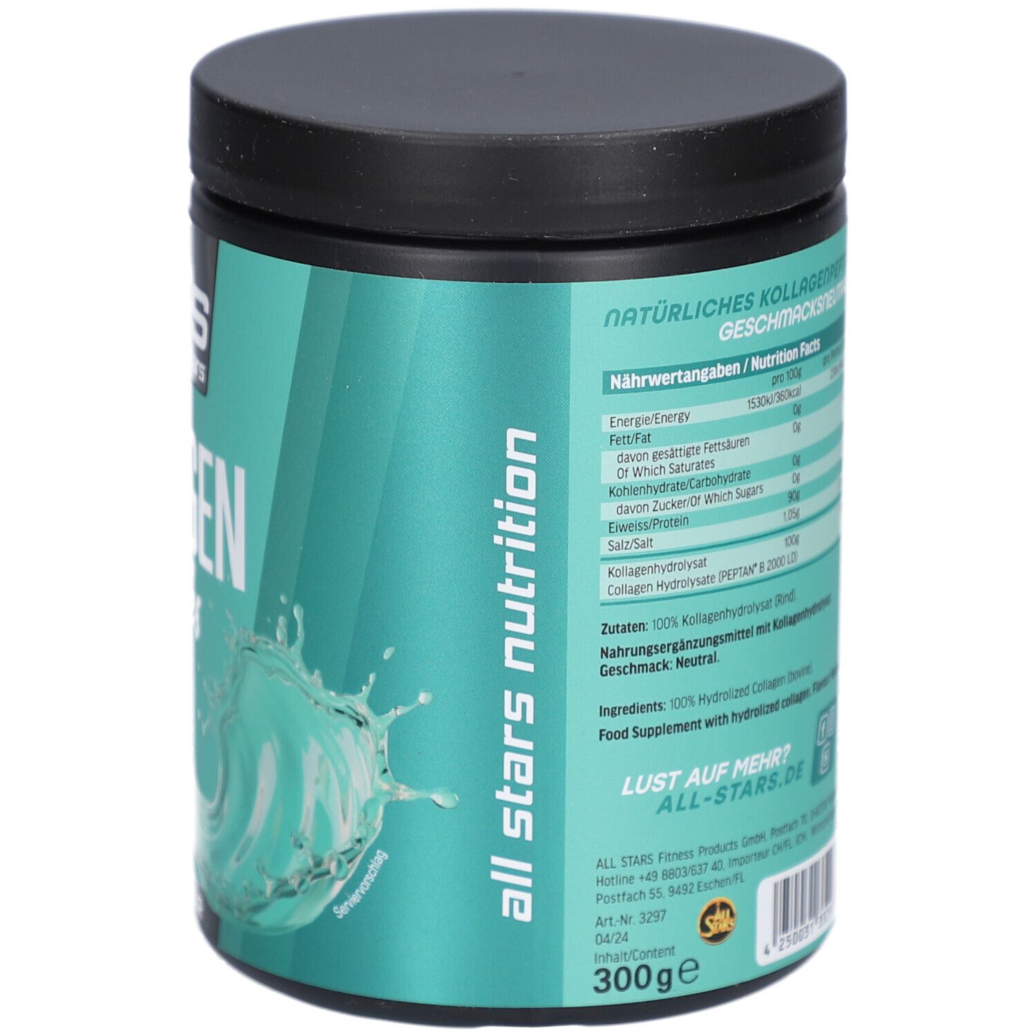 Runde Dose mit schwarzem Deckel. Aufschrift: All Stars Kollagen Peptide, Typ I, II, III. 300g, neutraler Geschmack.