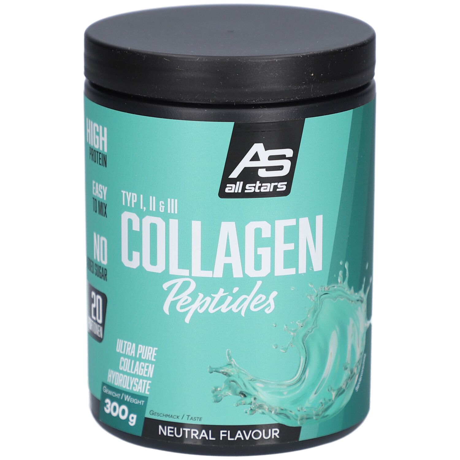 Runde Dose mit schwarzem Deckel. Aufschrift: All Stars Kollagen Peptide, Typ I, II, III. 300g, neutraler Geschmack.