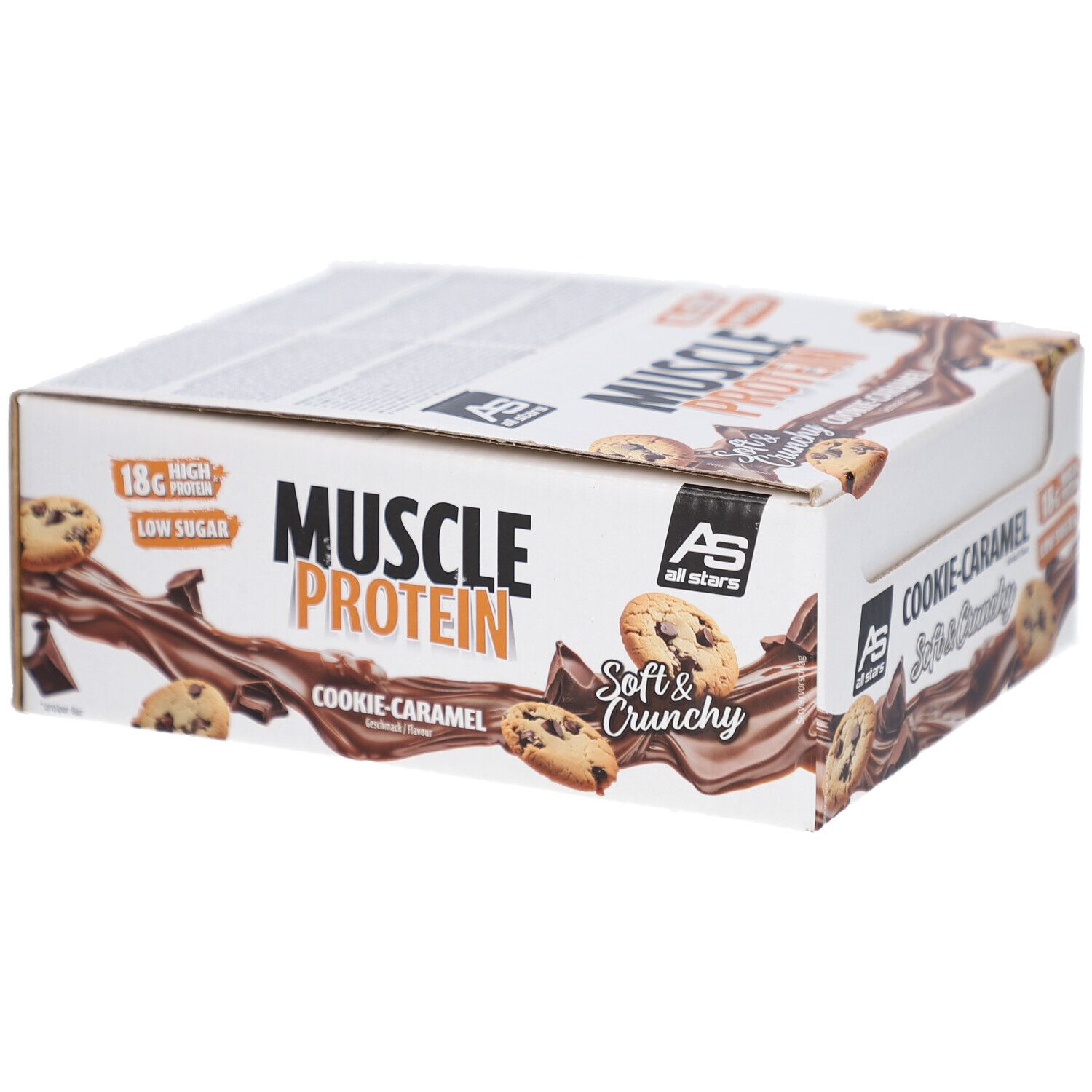 Verpackung mit Proteinriegeln. Aufschrift: Cookie-Caramel, Soft & Crunchy, 18g Protein, Low Sugar. Marke: All Stars.