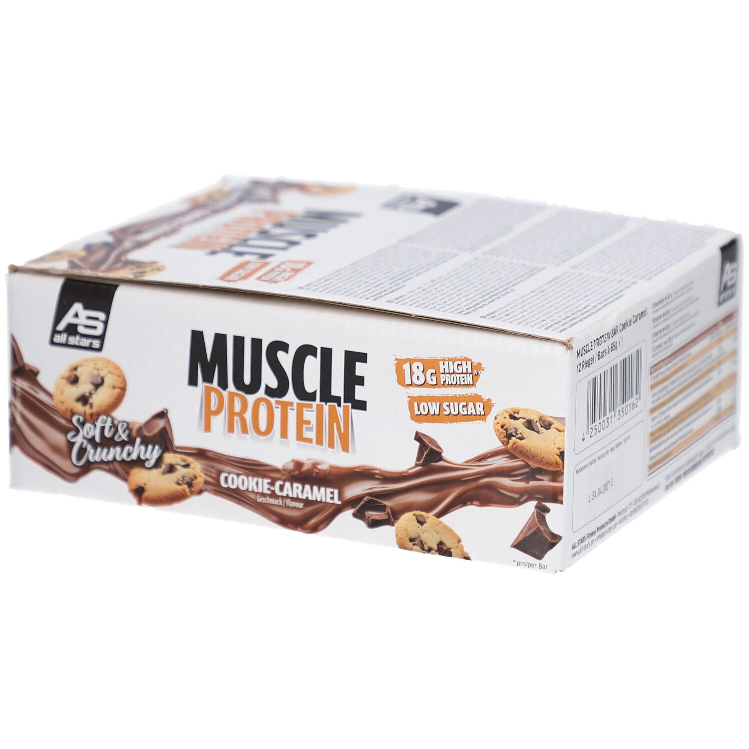 Verpackung mit Proteinriegeln. Aufschrift: Cookie-Caramel, Soft & Crunchy, 18g Protein, Low Sugar. Marke: All Stars.