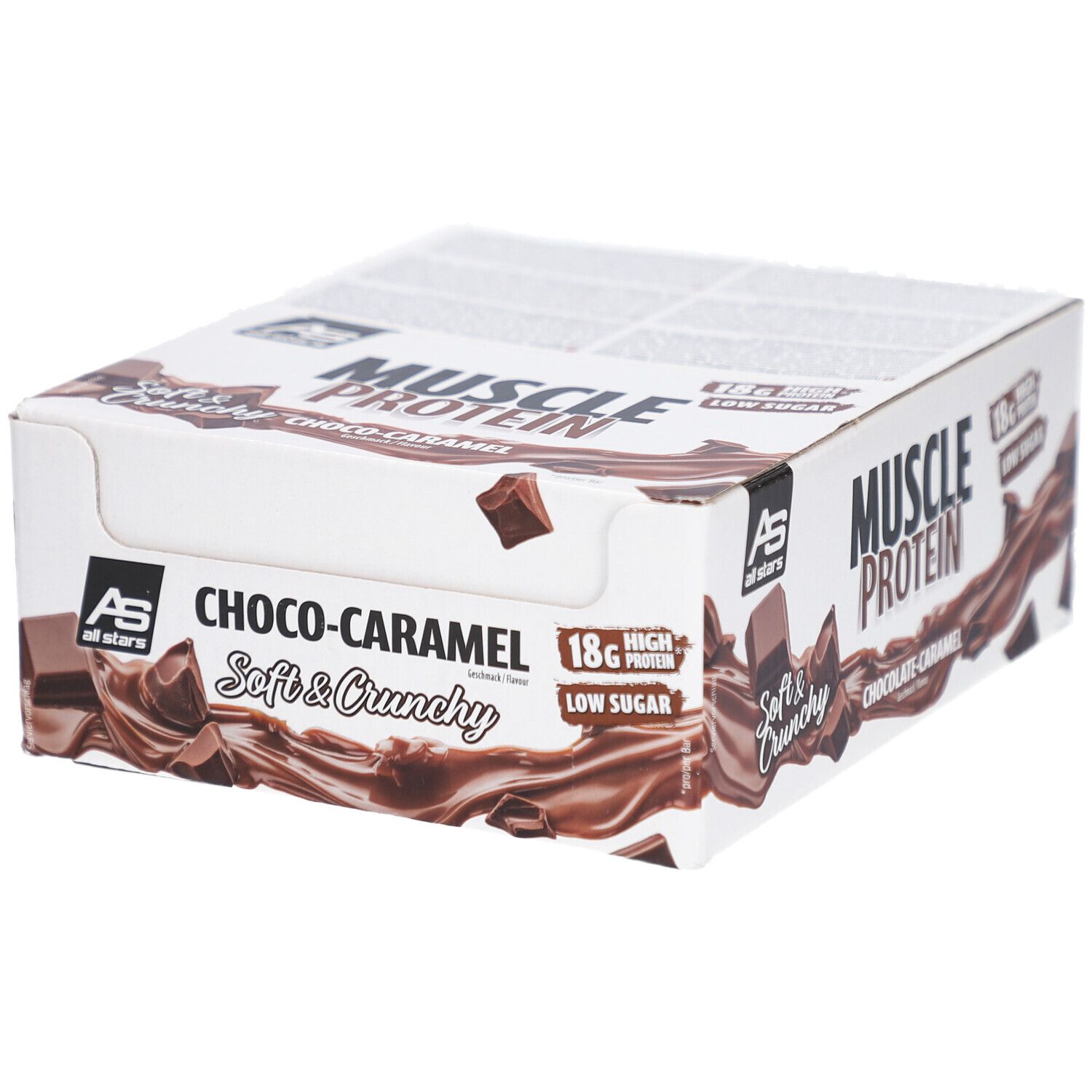 Karton mit MUSCLE PROTEIN BAR, Choco-Caramel. Enthält 18g Protein, wenig Zucker. AS all stars Logo.