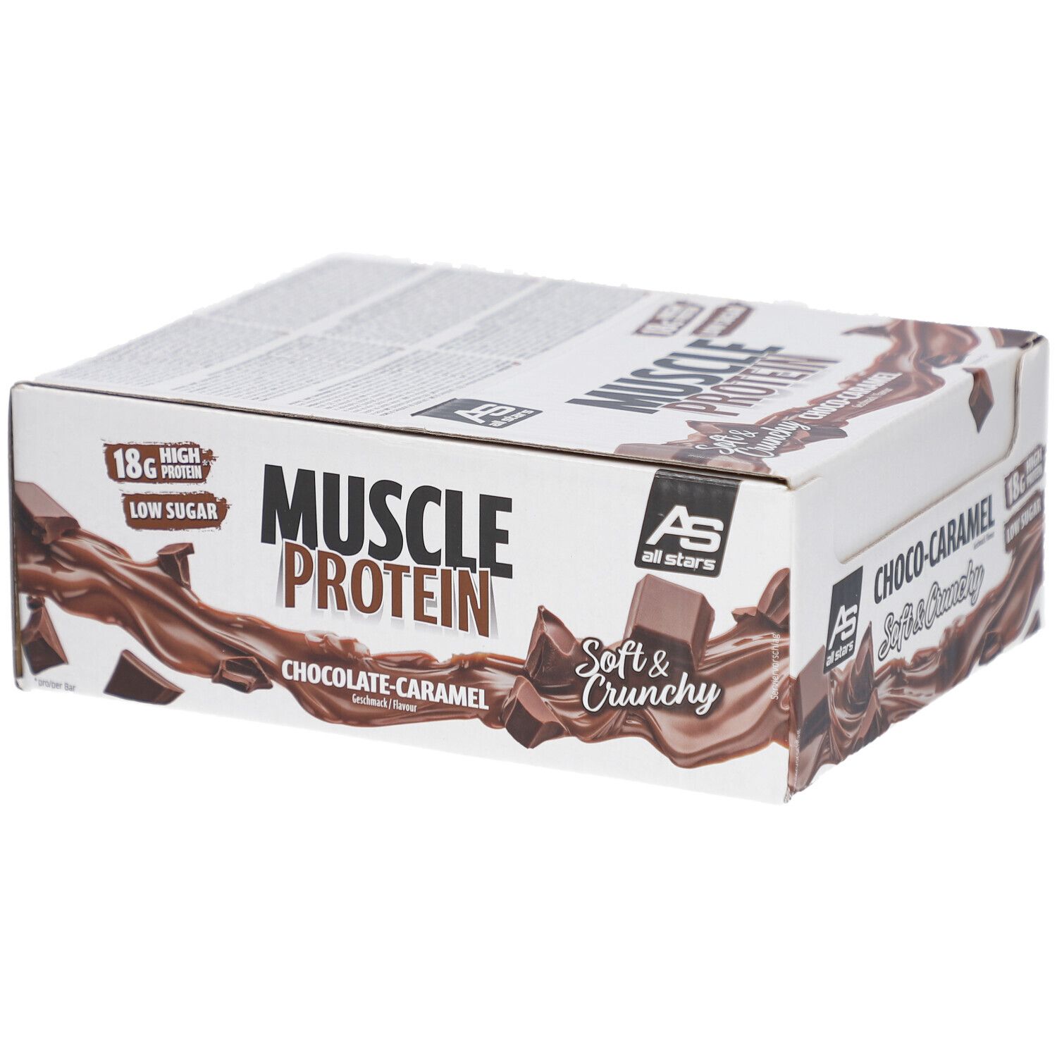 Karton mit MUSCLE PROTEIN BAR, Choco-Caramel. 18g Protein, wenig Zucker. AS all stars Logo.