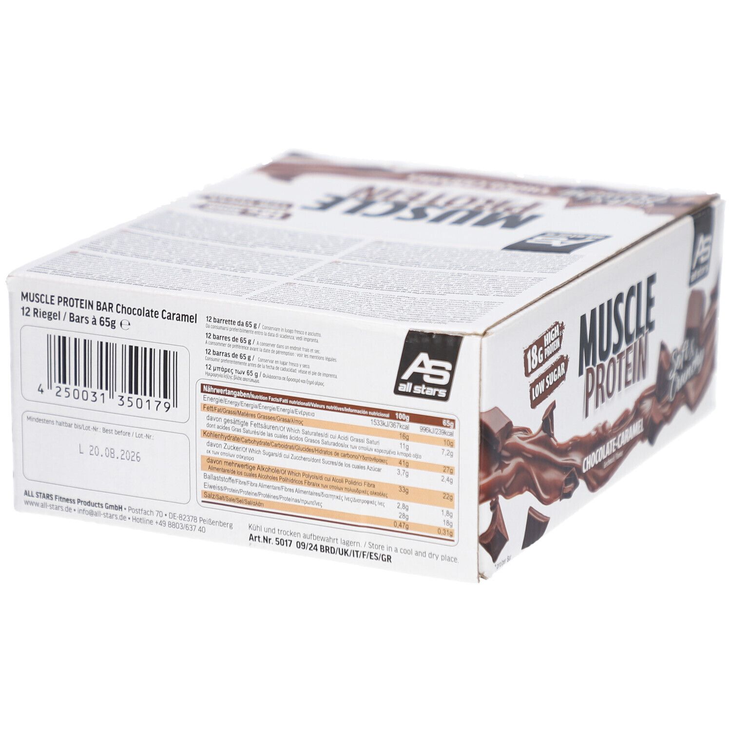 Rückseite der MUSCLE PROTEIN BAR-Verpackung. Enthält Nährwertangaben und Herstellerinformationen.