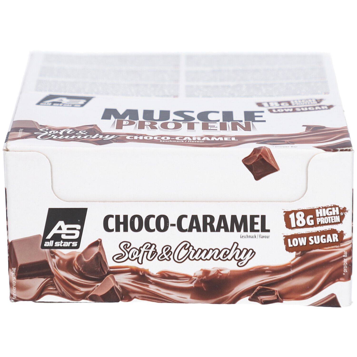 Karton mit MUSCLE PROTEIN BAR, Choco-Caramel. 18g Protein, wenig Zucker. AS all stars Logo.