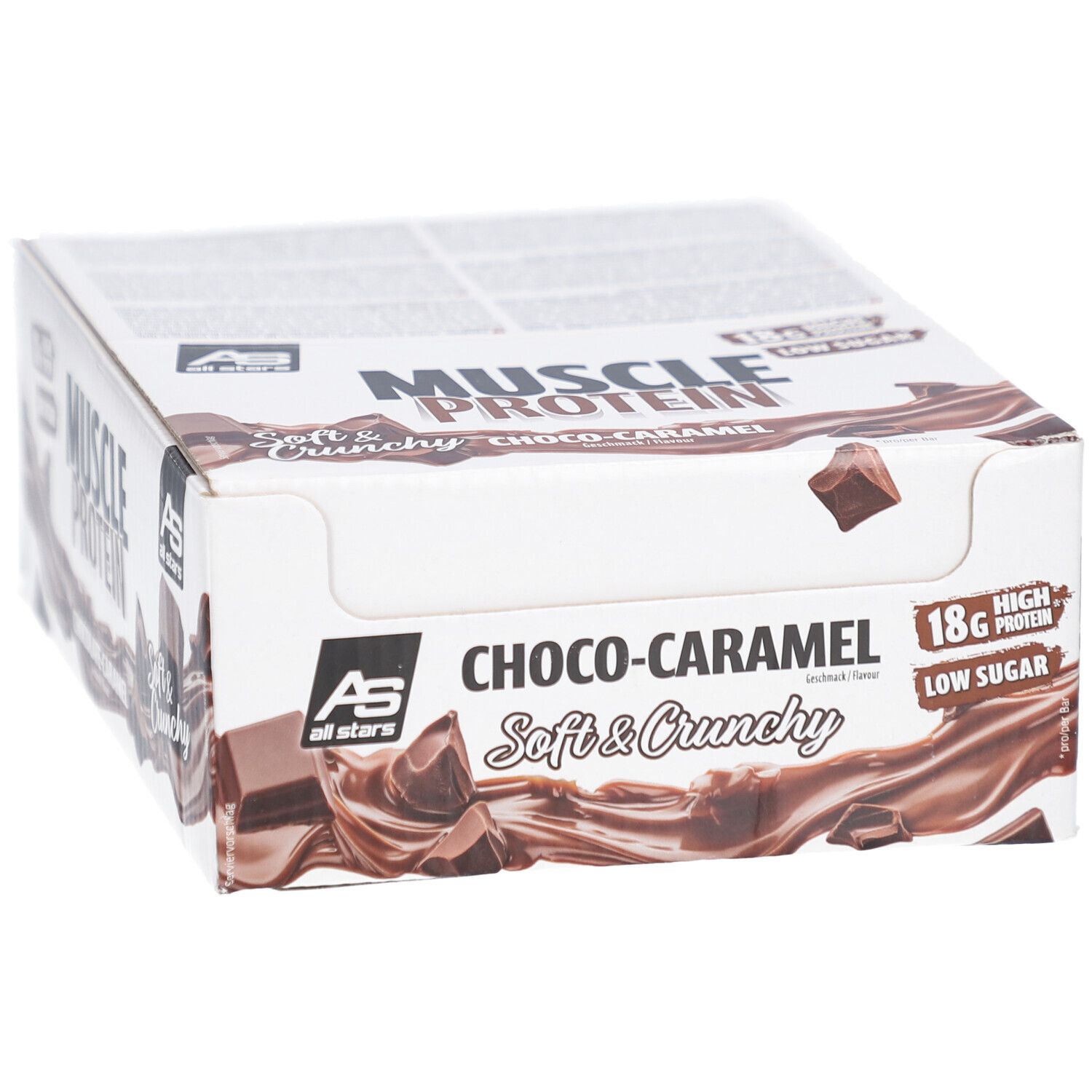 Karton mit MUSCLE PROTEIN BAR, Choco-Caramel. 18g Protein, wenig Zucker. AS all stars Logo.