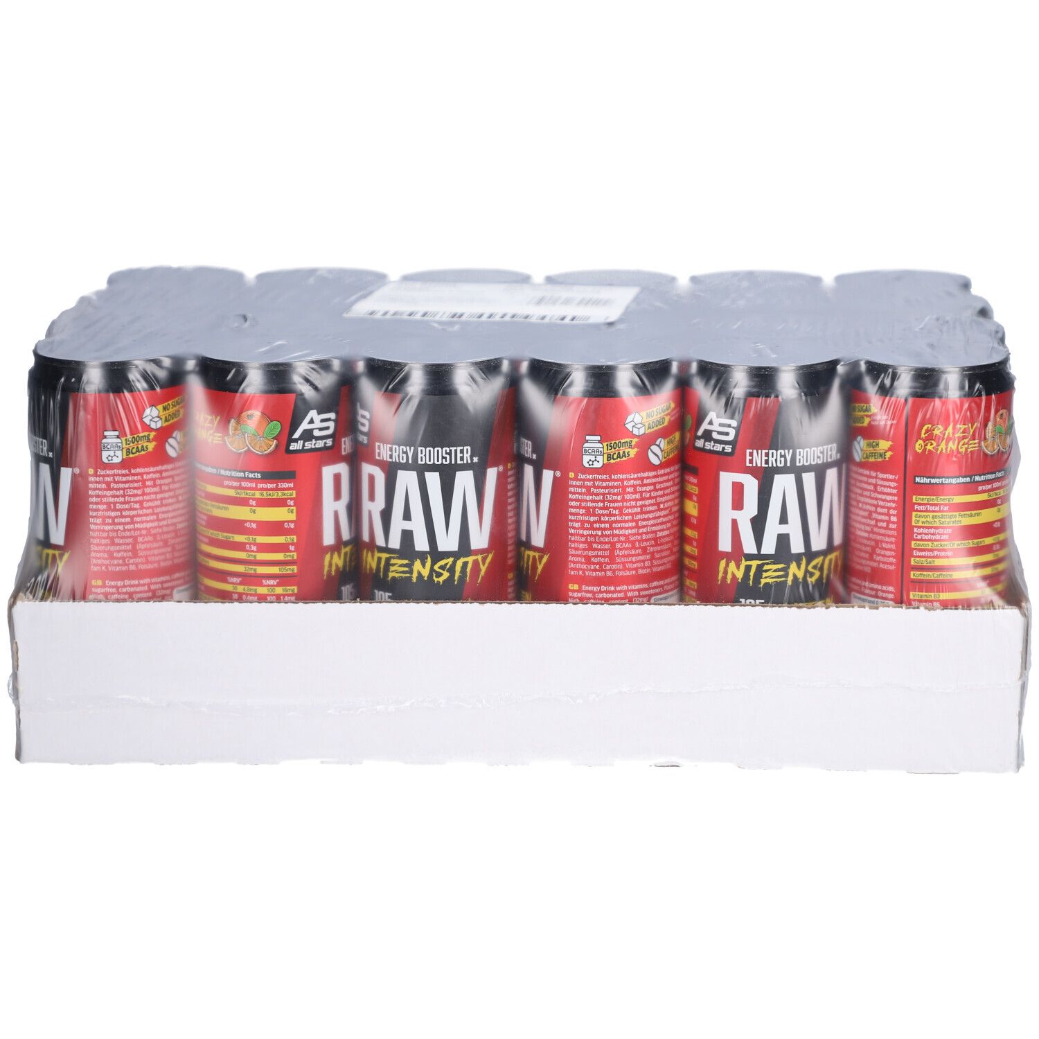 Packung mit Dosen. Aufschrift "RAW INTENSITY ENERGY BOOSTER". Rote und schwarze Dosen in Folie verpackt.