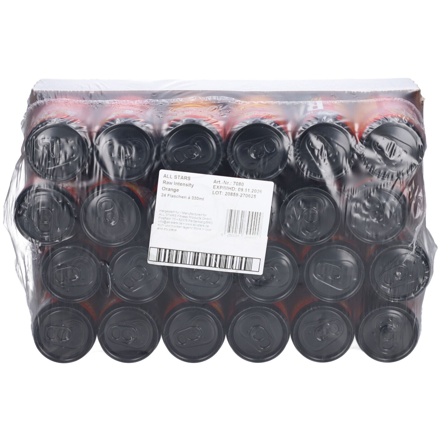 Dosenpackung, Ansicht von oben. Schwarze Deckel, Etikett mit Barcode und Text. "ALL STARS Raw Intensity Orange".
