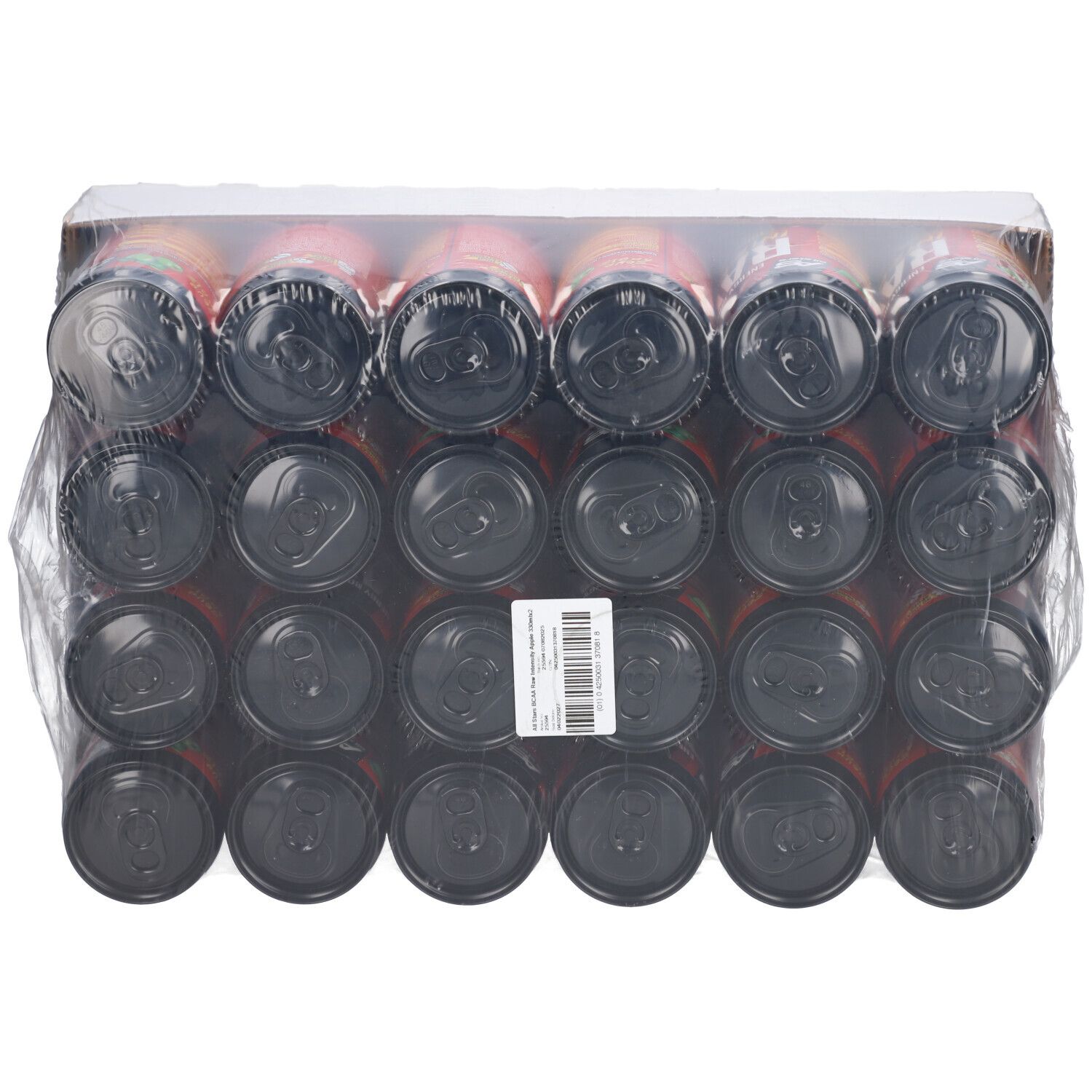 Packung mit 24 Dosen. Schwarze Deckel, rote und schwarze Dosen. Klarsichtfolie. Etikett mit Barcode.