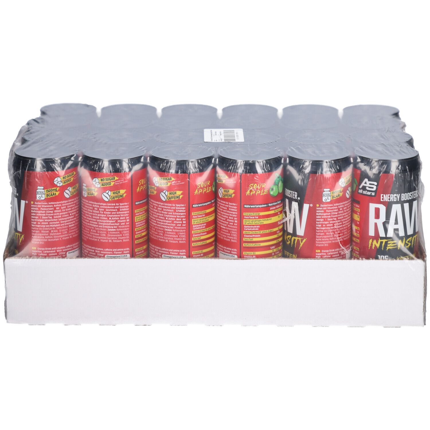Packung mit 12 Dosen. Rote und schwarze Dosen. Aufschrift RAW INTENSITY ENERGY BOOSTER. Weiße Verpackung.