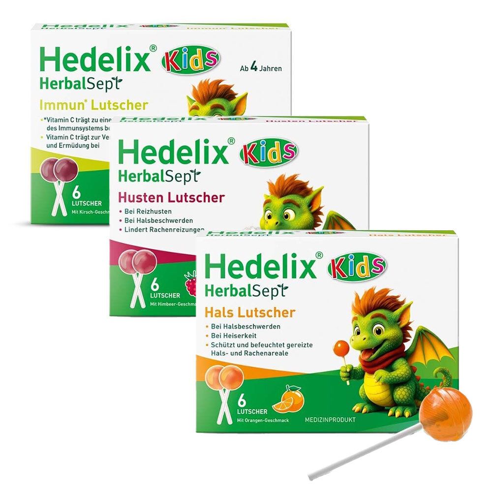 Drei Schachteln mit Lutscher-Produkten. Aufschrift: Hedelix Kids HerbalSept Immun, Husten, Hals Lutscher. Jede Schachtel enthält 6 Lutschern.