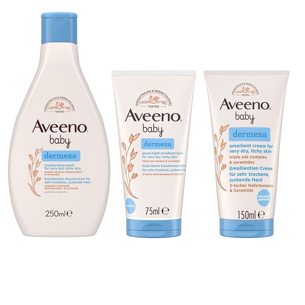 Drei Aveeno Baby Dermexa Produkte: Waschgel, Creme und Emollientien Creme. Flaschen und Tuben mit blauen Deckeln und Schriftzügen.