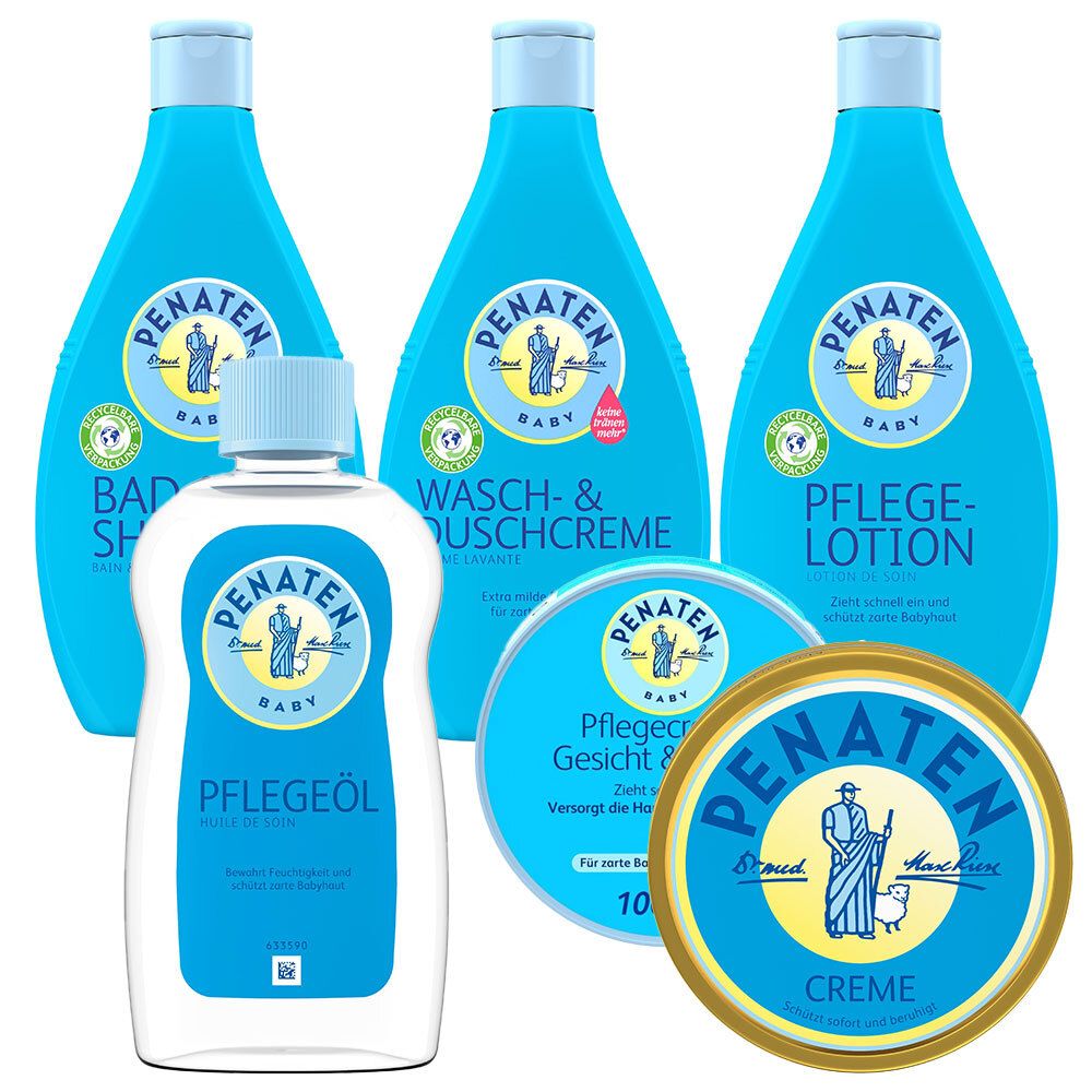 Set mit Baby-Pflegeprodukten. Enthält Flaschen, eine Creme-Dose und eine Ölflasche. Blaue Verpackung mit weißer Schrift und Logo.