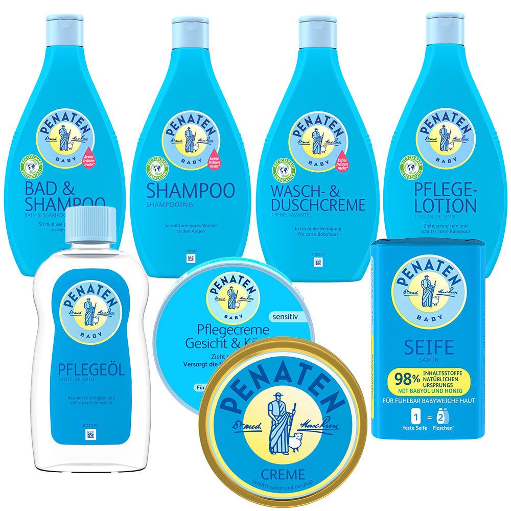 Das Penaten Klassik Starter Set L. Enthält Flaschen mit Bad & Shampoo, Shampoo, Wasch-& Duschcreme, Pflegelotion, Pflegeöl, Creme und Seife.