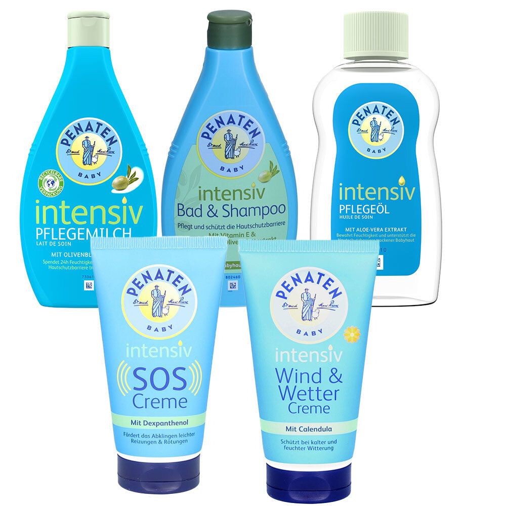 Fünf Penaten Baby-Pflegeprodukte: Pflegeöl, Pflegemilch, Bad & Shampoo, SOS-Creme und Wind & Wetter Creme. Blaue Flaschen und Tuben.