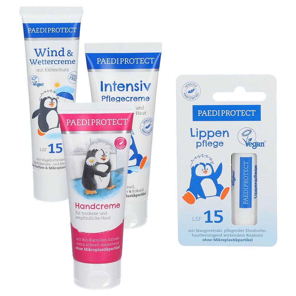 Set mit vier Produkten: Wind- und Wettercreme, Intensiv Pflegecreme, Handcreme und Lippenpflege. Alle Produkte haben das Logo PAEDIPROTECT und ein Pinguin-Design.
