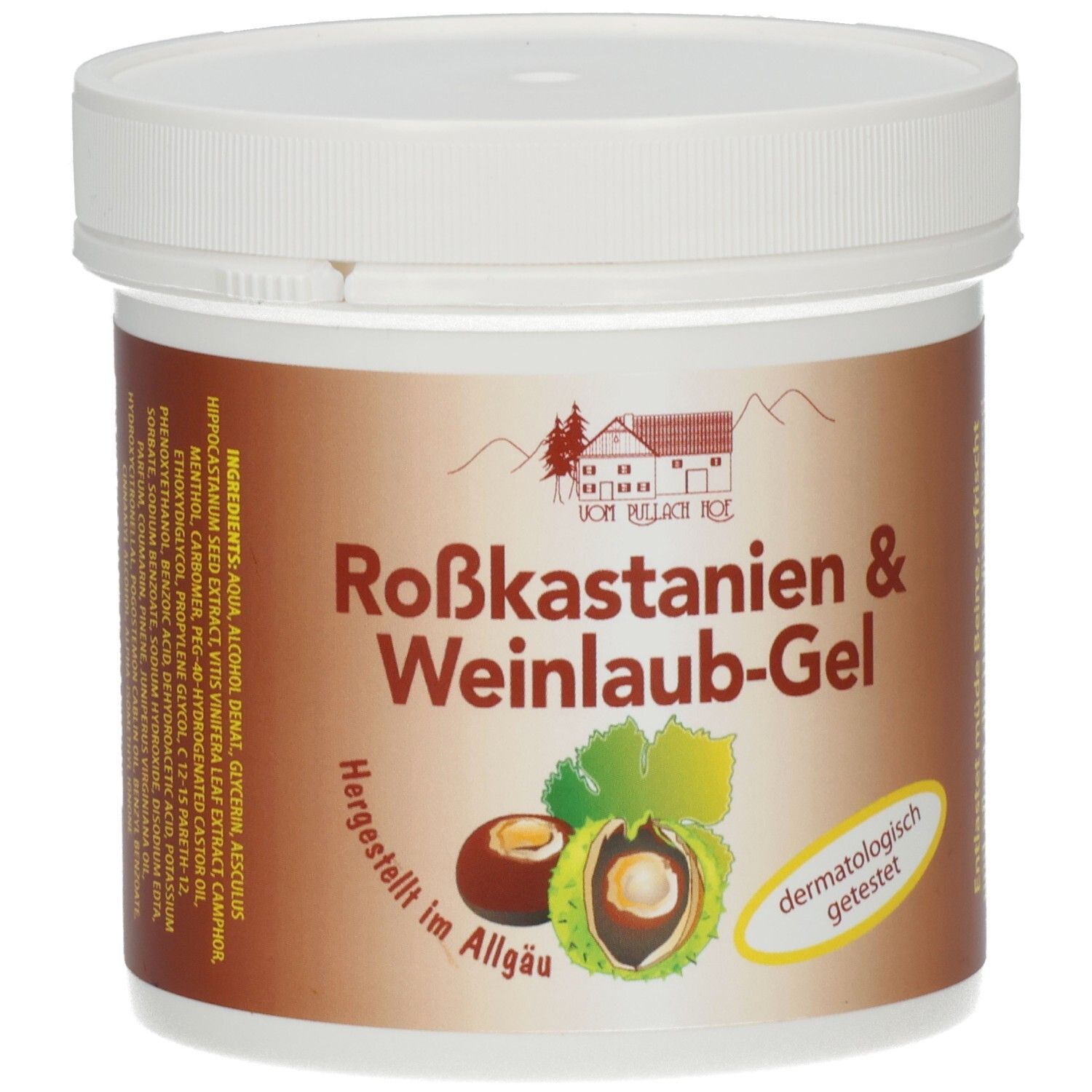 Weißer Tiegel mit braunem Etikett. Aufschrift: Roßkastanien & Weinlaub-Gel. Abbildung von Kastanie und Blatt. Dermatologisch getestet.