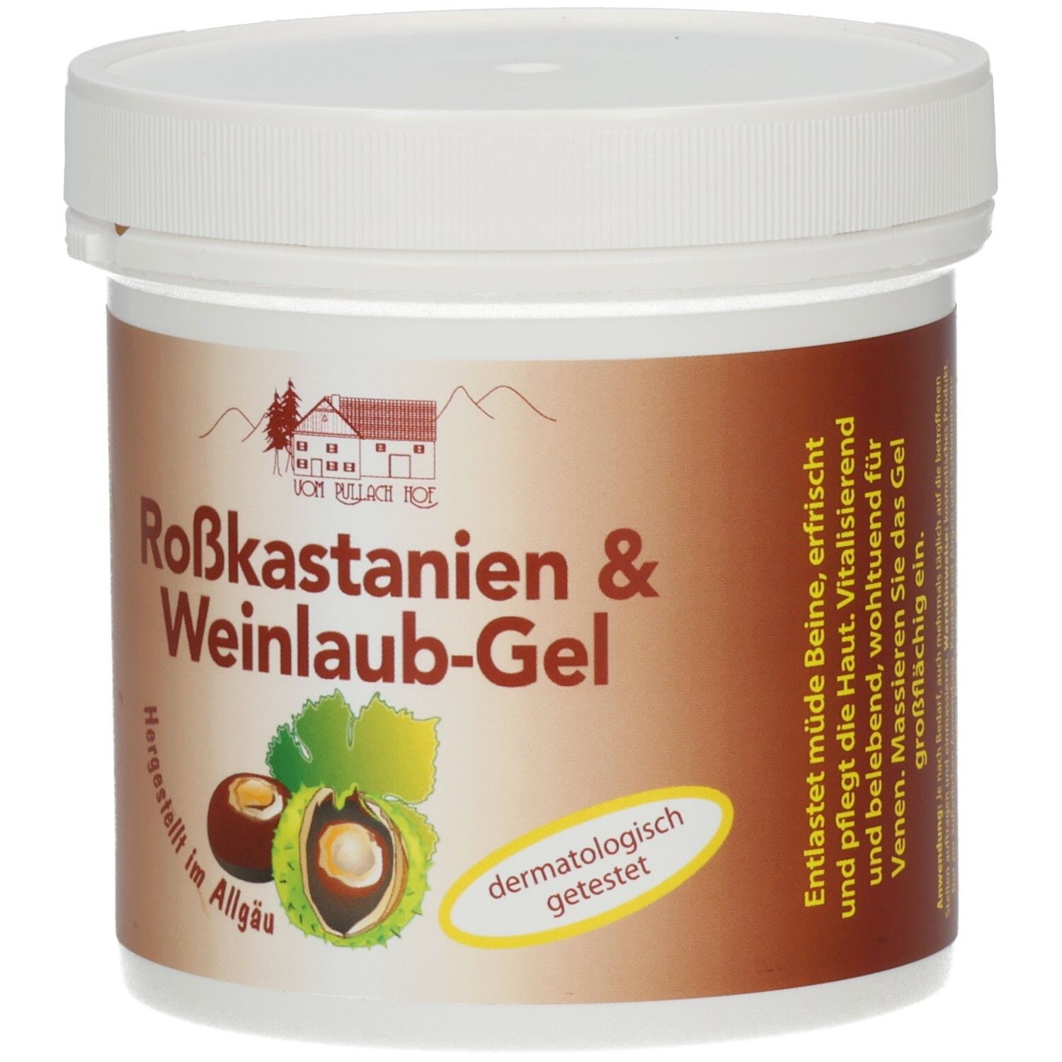 Weißer Tiegel mit braunem Etikett. Aufschrift: Roßkastanien & Weinlaub-Gel. Abbildung von Kastanie und Blatt. Dermatologisch getestet.