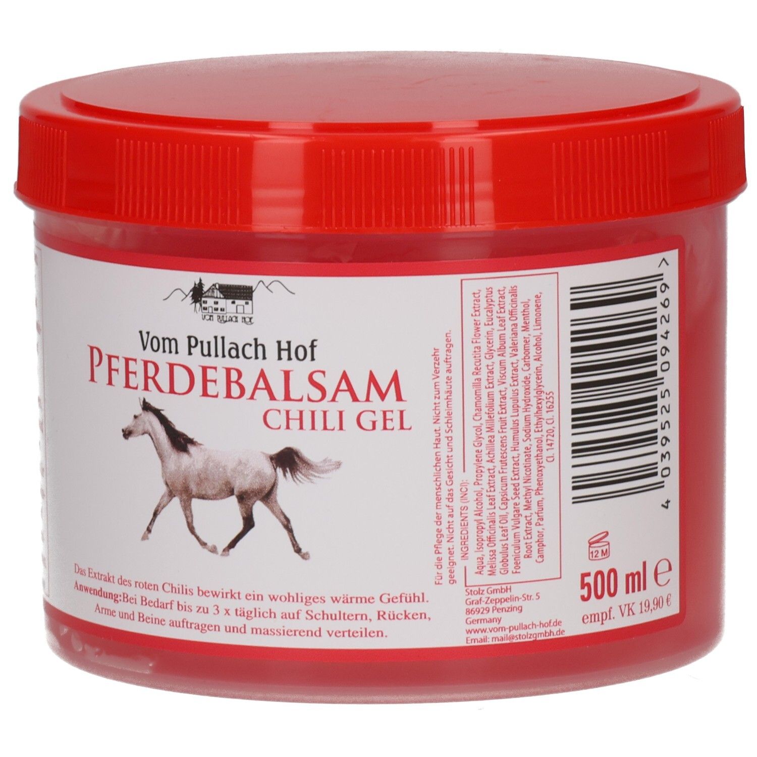 Rotes Gel in einem runden Behälter mit rotem Deckel. Aufschrift: Pferdebalsam Chili Gel. Abbildung eines Pferdes. 500 ml.