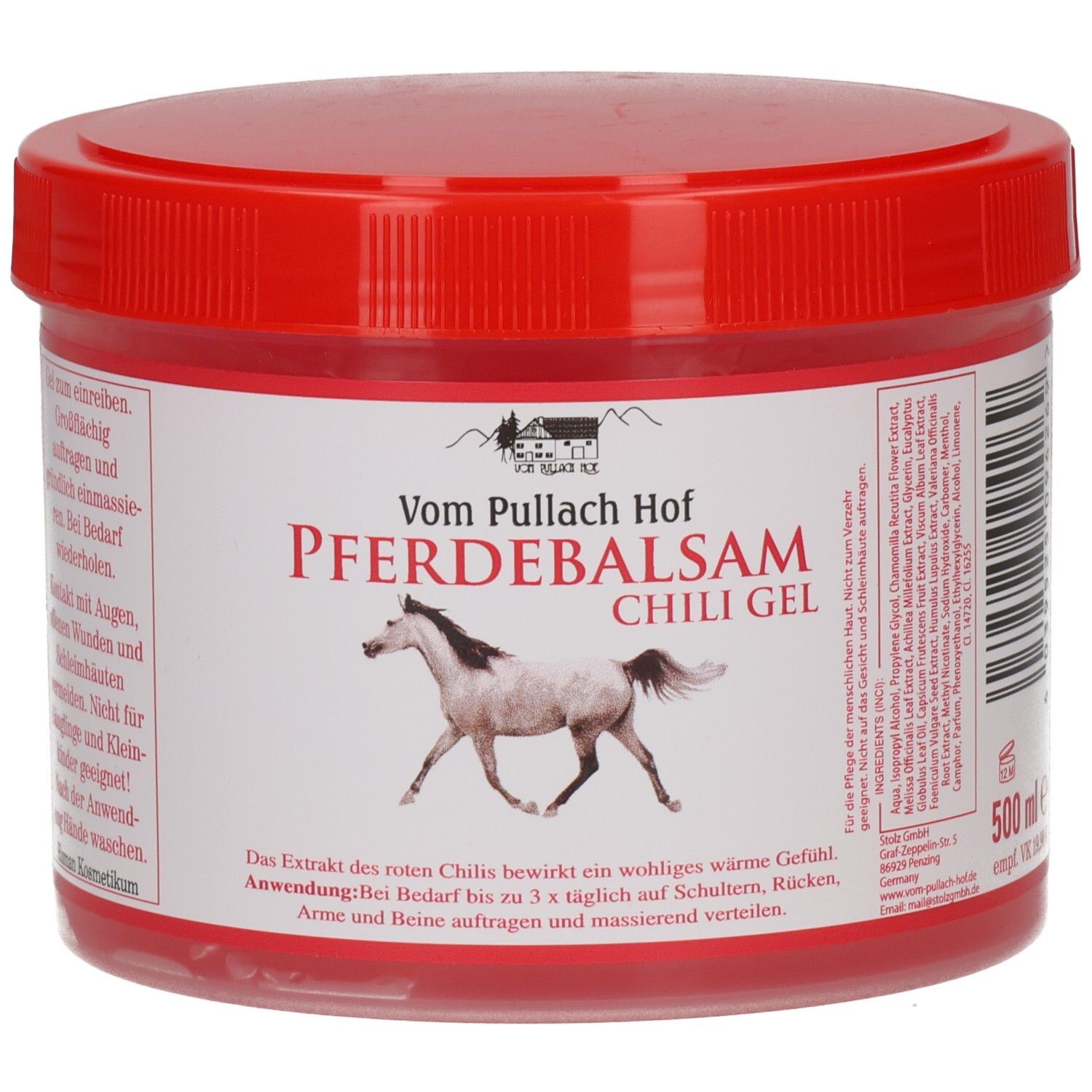 Rotes Gel in einem runden Behälter mit rotem Deckel. Aufschrift: Pferdebalsam Chili Gel. Abbildung eines Pferdes. 500 ml.