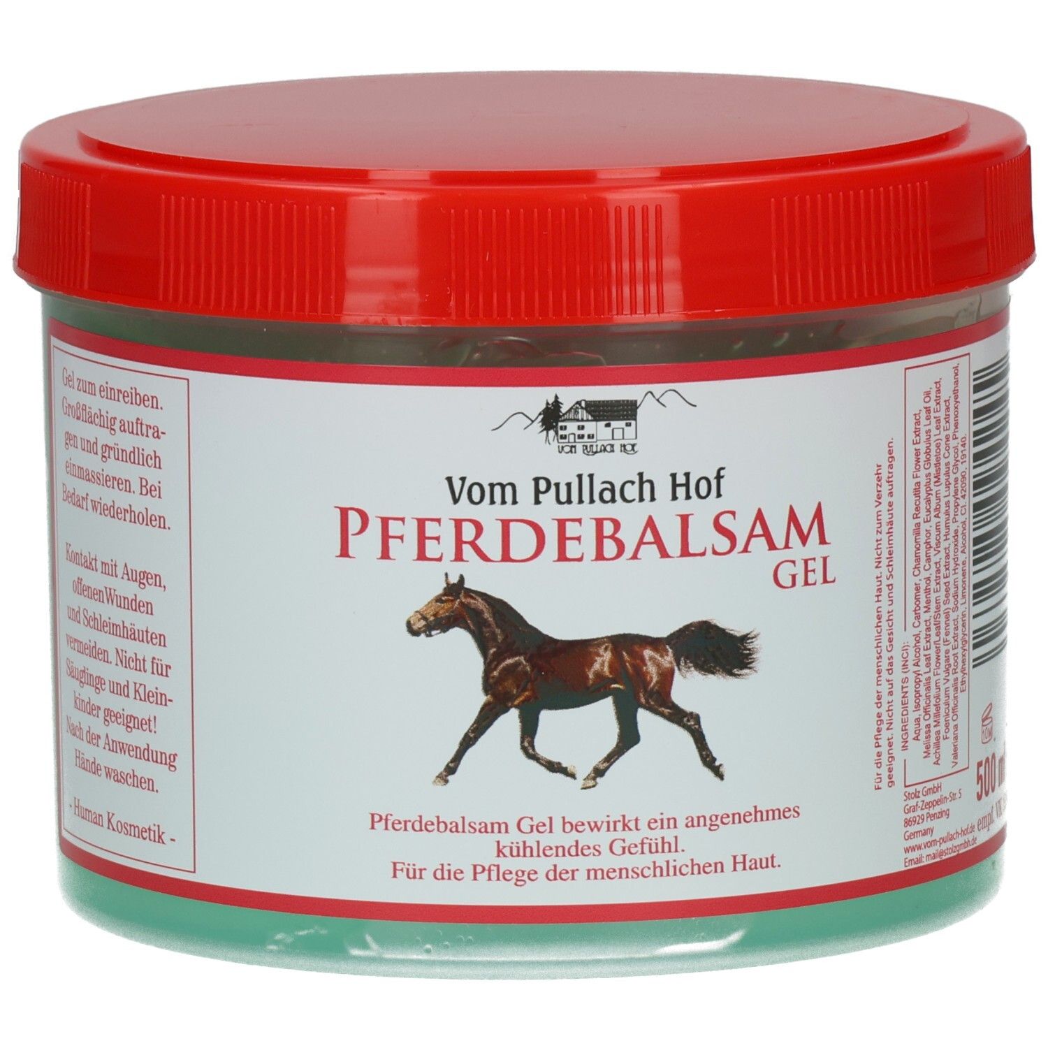 Runde Dose mit rotem Deckel. Auf dem Etikett: Vom Pullach Hof Pferdebalsam Gel, Pferd-Illustration.