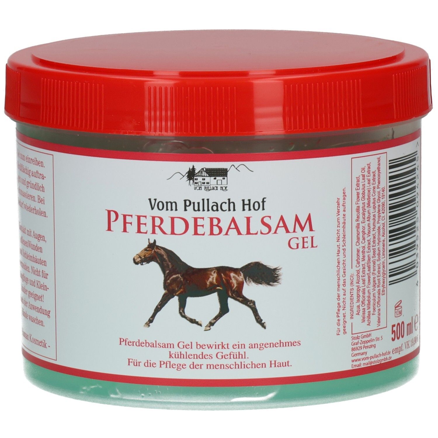 Runde Dose mit rotem Deckel. Etikett mit Produktname, Pferd-Illustration, Inhaltsstoffe und Volumenangabe.