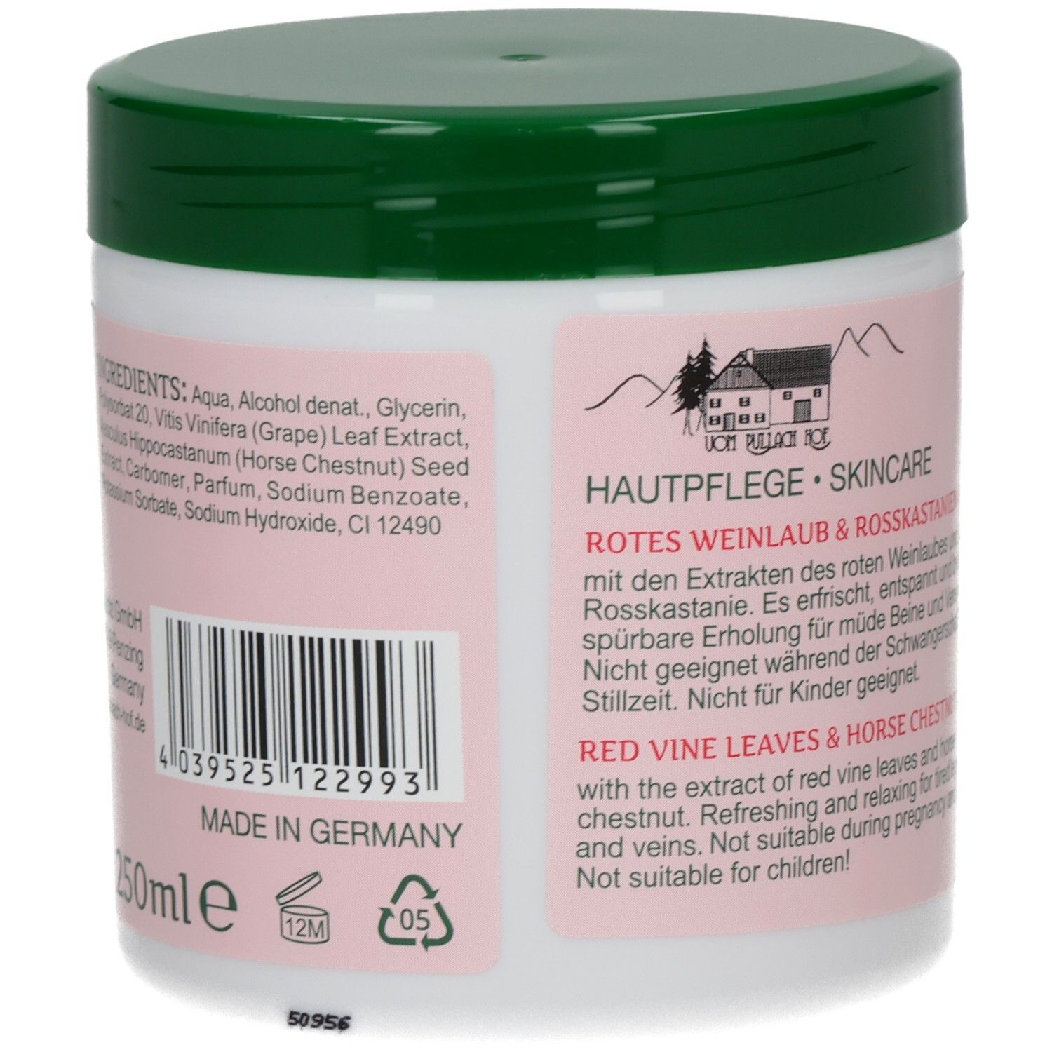 Weißes Tiegel mit grünem Deckel. Aufkleber mit Inhaltsstoffen, Barcode und Text. Hergestellt in Deutschland.