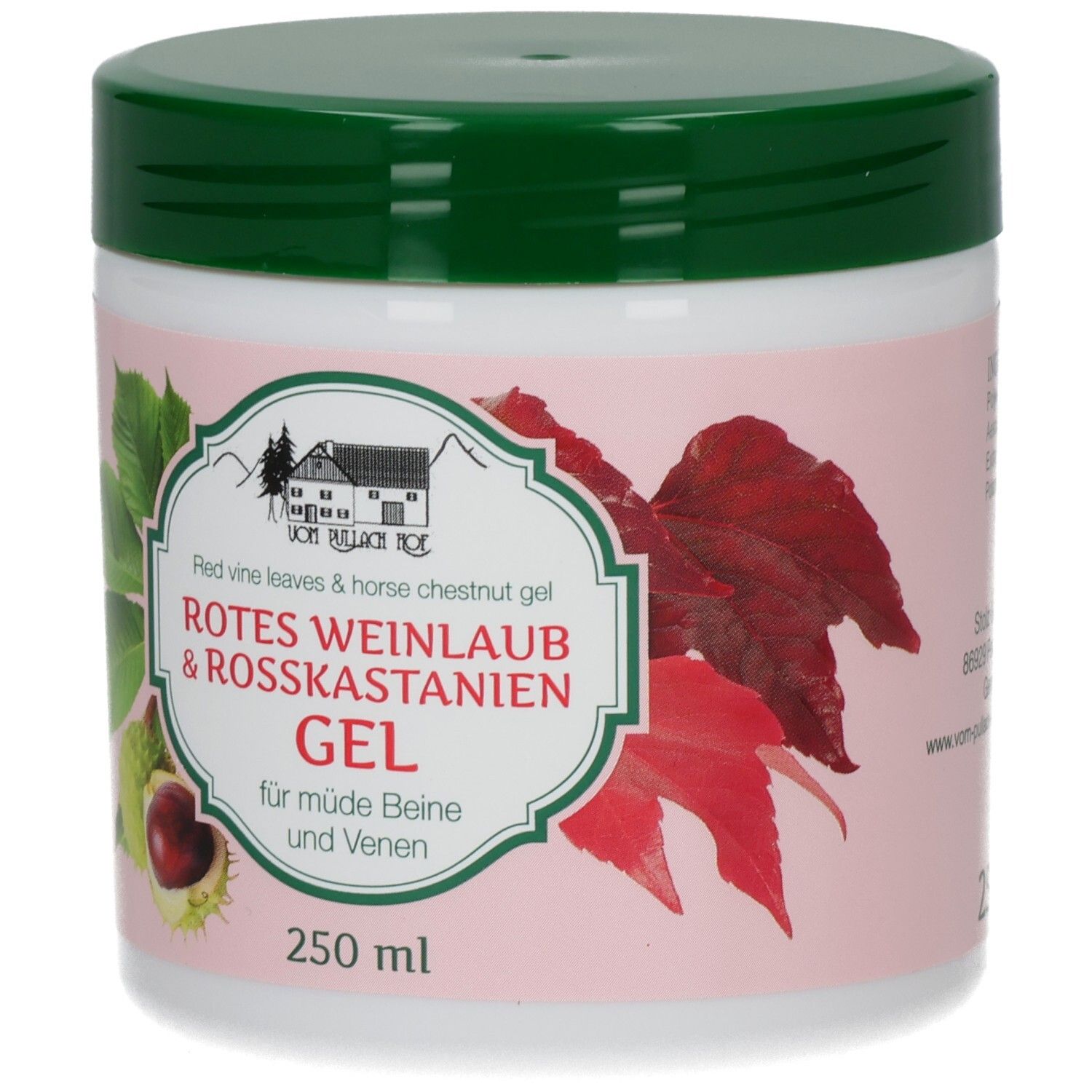Weißes Tiegel mit grünem Deckel. Aufkleber mit Produktnamen, Blättern und Kastanien. 250 ml.