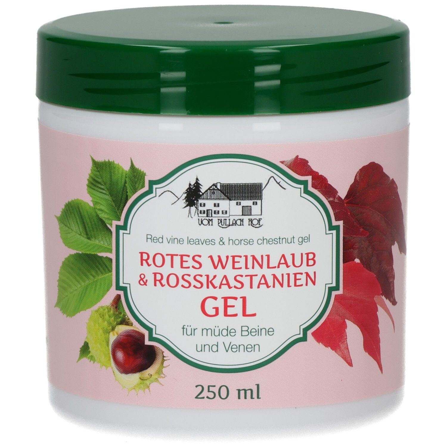Weißes Tiegel mit grünem Deckel. Aufkleber mit Produktnamen, Blättern und Kastanien. 250 ml.